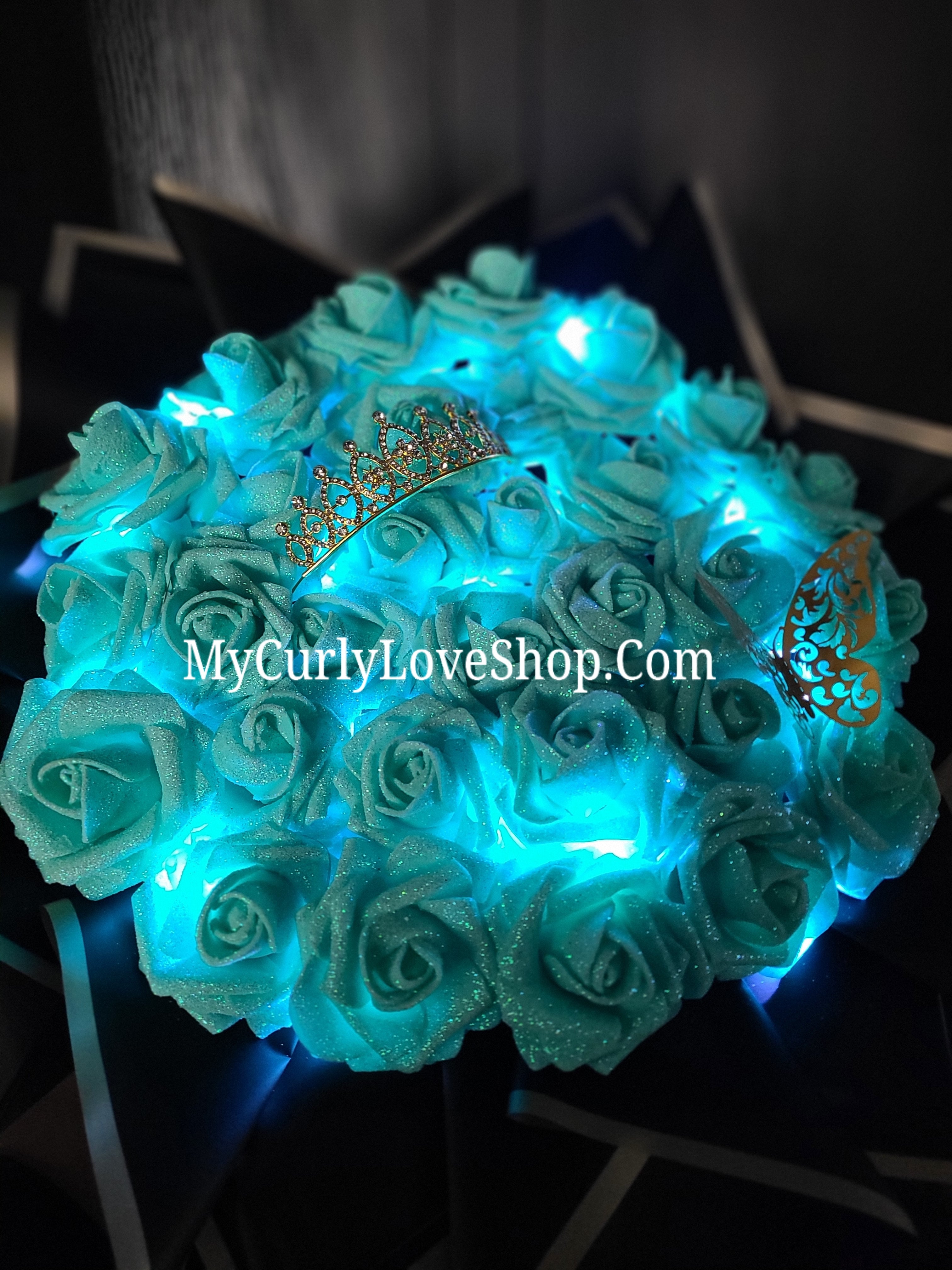 Glitter Roses Bouquet: Tiara and Butterfly Included (Tiara and Butterfly Shape Can Vary Depending on Availability) Banner and Lights are additional.