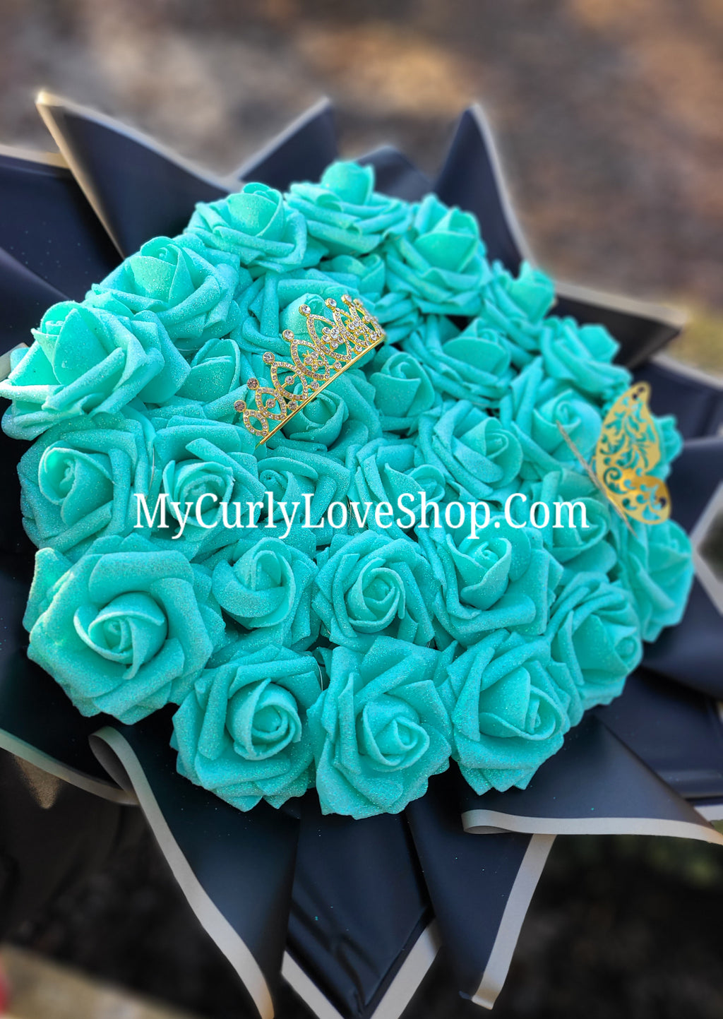 Glitter Roses Bouquet: Tiara and Butterfly Included (Tiara and Butterfly Shape Can Vary Depending on Availability) Banner and Lights are additional.