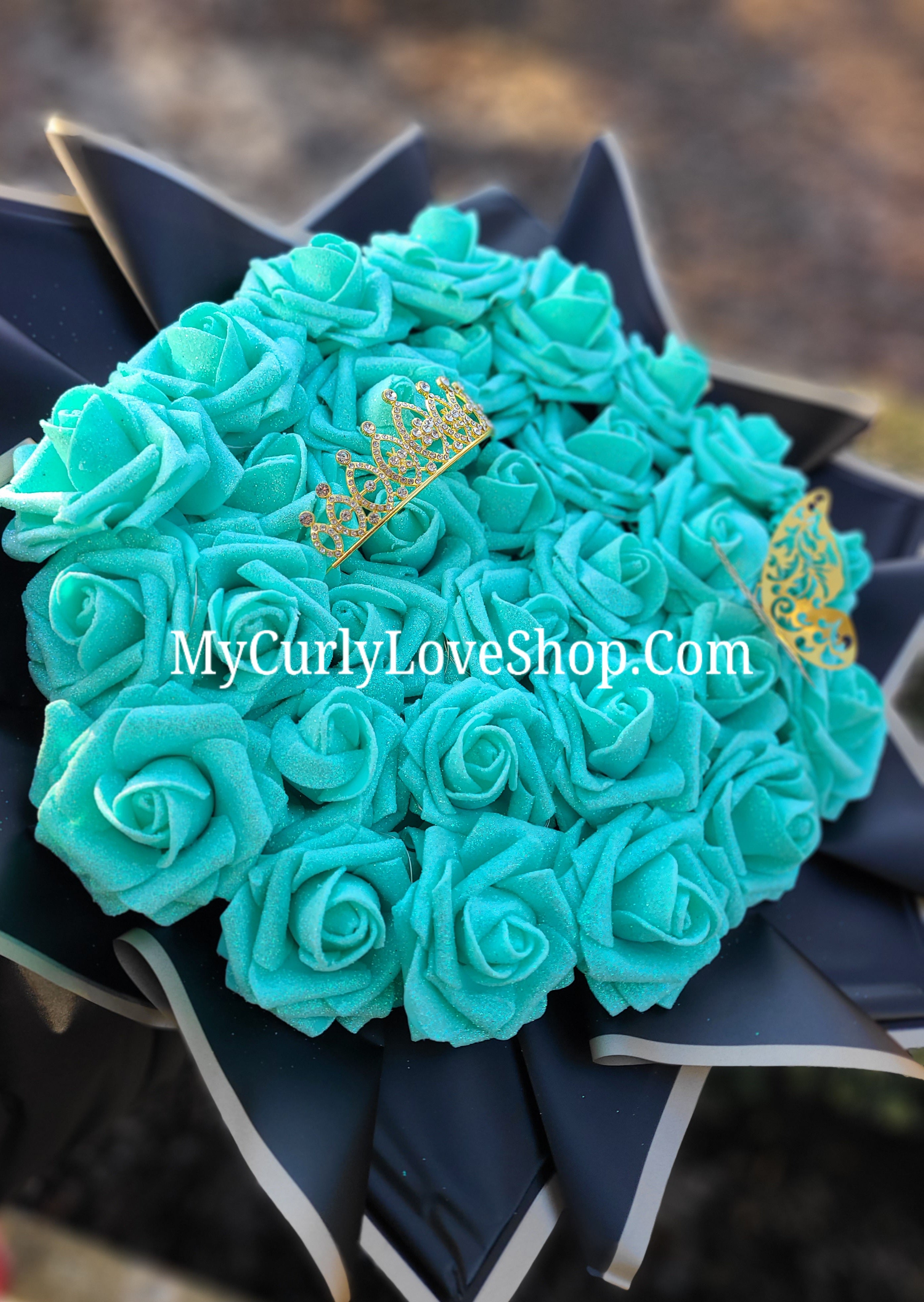 Glitter Roses Bouquet: Tiara and Butterfly Included (Tiara and Butterfly Shape Can Vary Depending on Availability) Banner and Lights are additional.