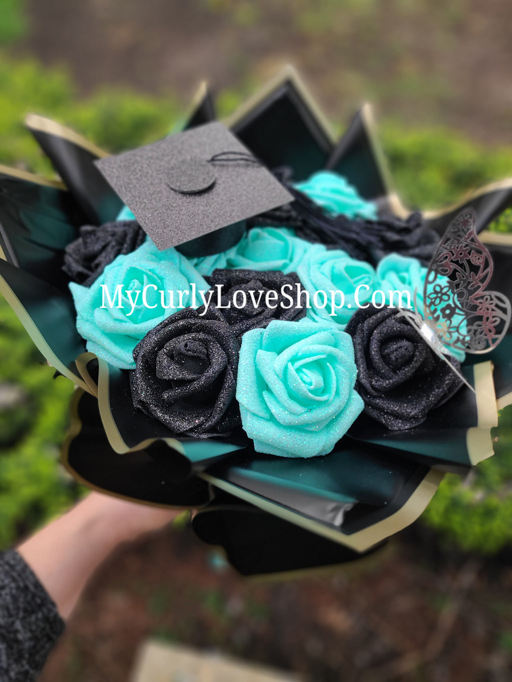 Glitter Roses Bouquet: Tiara and Butterfly Included (Tiara and Butterfly Shape Can Vary Depending on Availability) Banner and Lights are additional.