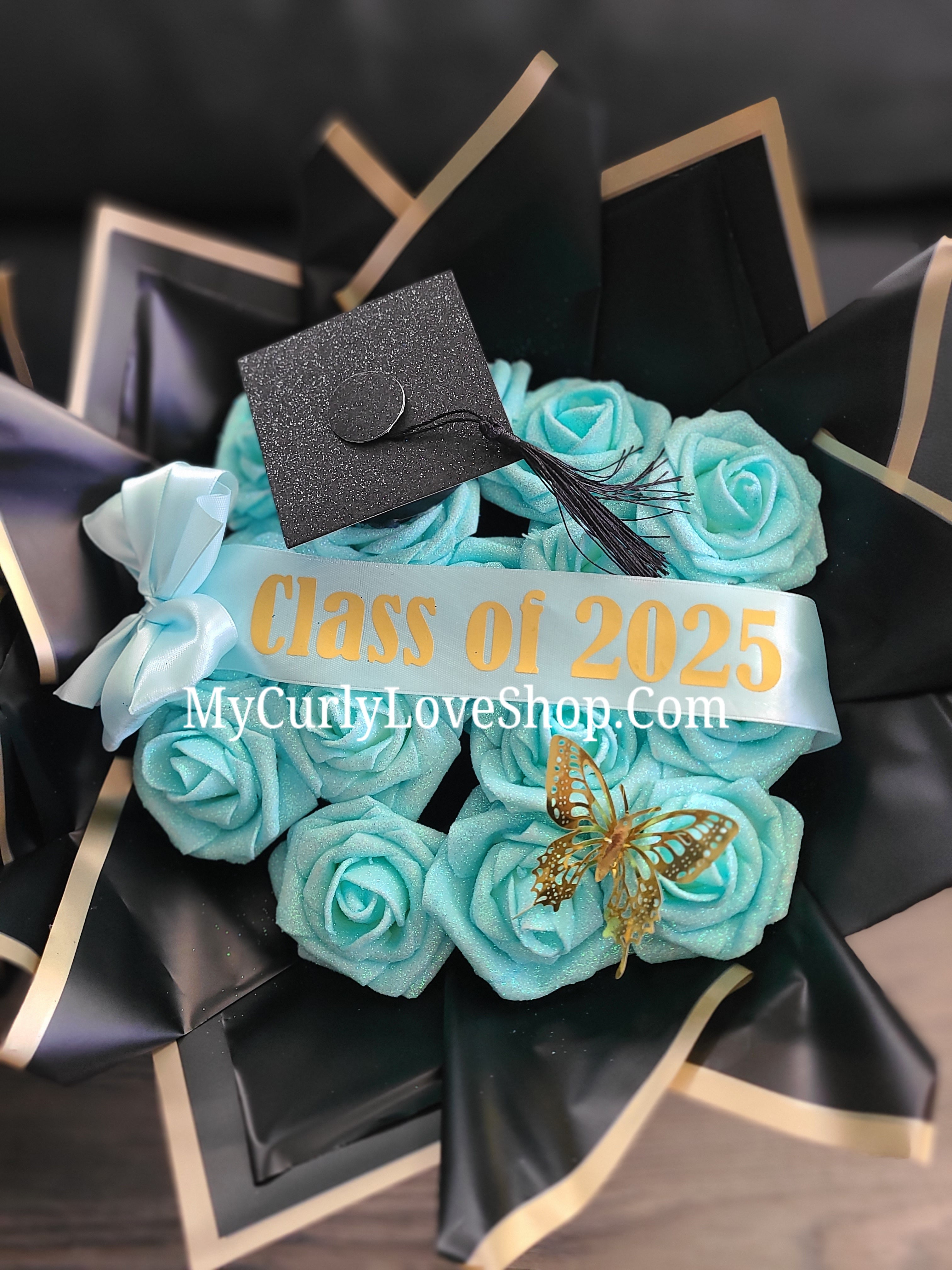 Glitter Roses Bouquet: Tiara and Butterfly Included (Tiara and Butterfly Shape Can Vary Depending on Availability) Banner and Lights are additional.