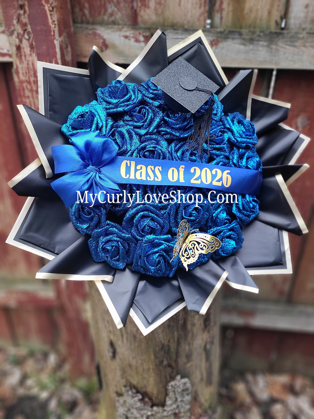 ROYAL BLUE Glitter Roses Bouquet: Graduation Cap or Tiara and Butterfly Included (Tiara and Butterfly Shape Can Vary Depending on Availability) Banner and Lights are additional.