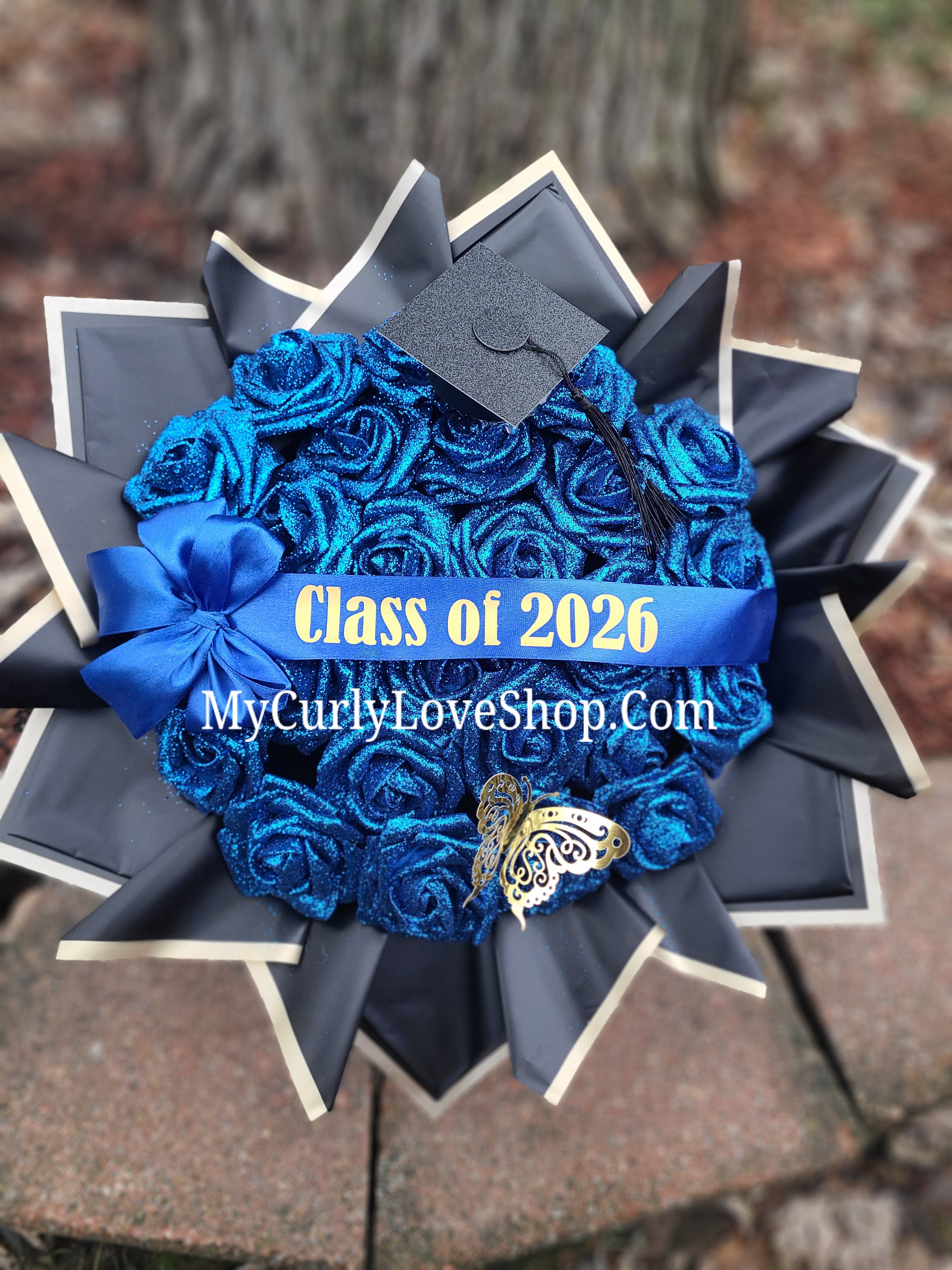 ROYAL BLUE Glitter Roses Bouquet: Graduation Cap or Tiara and Butterfly Included (Tiara and Butterfly Shape Can Vary Depending on Availability) Banner and Lights are additional.