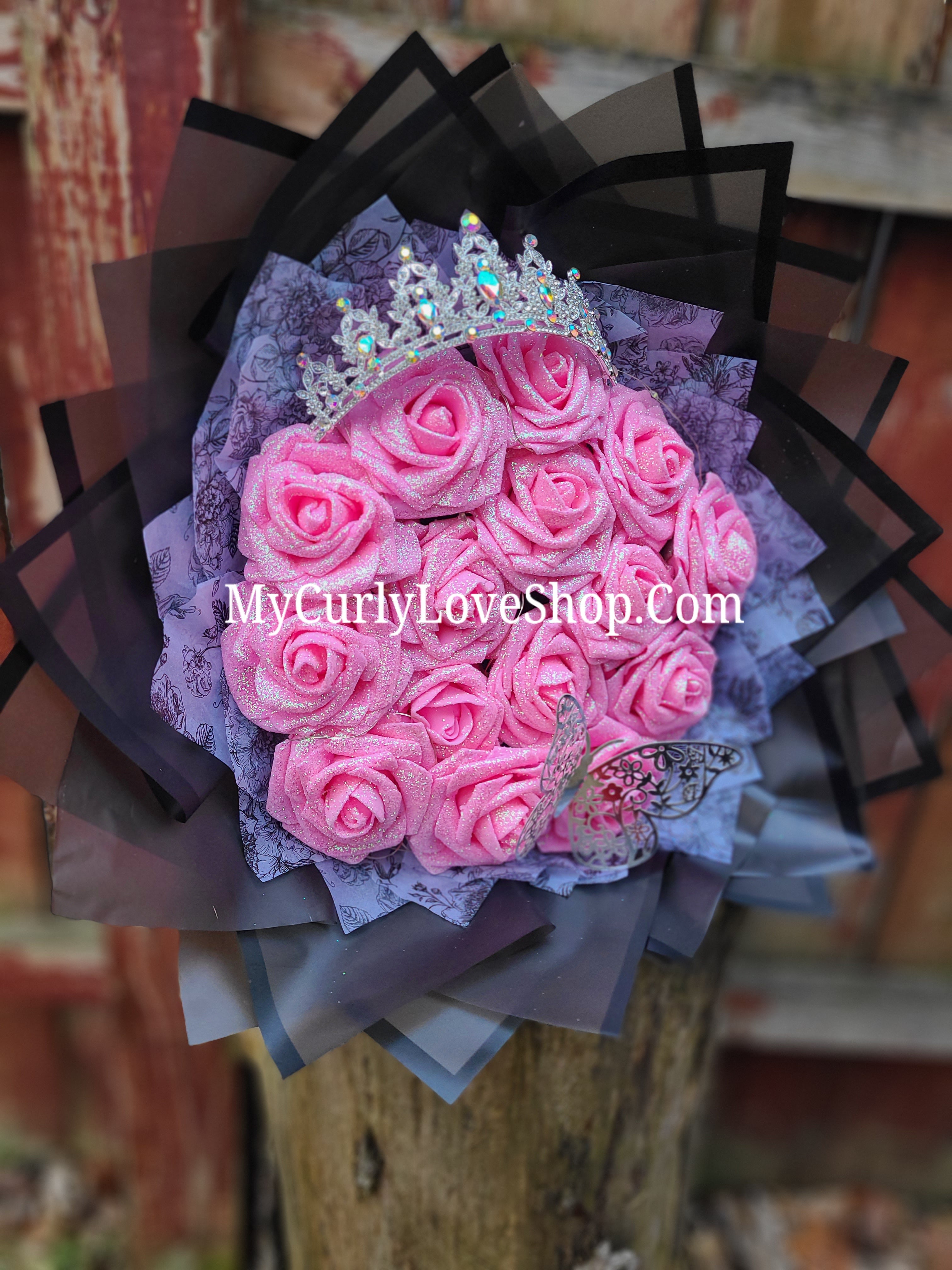 Glitter Roses Bouquet: Tiara and Butterfly Included (Tiara and Butterfly Shape Can Vary Depending on Availability) Banner and Lights are additional.