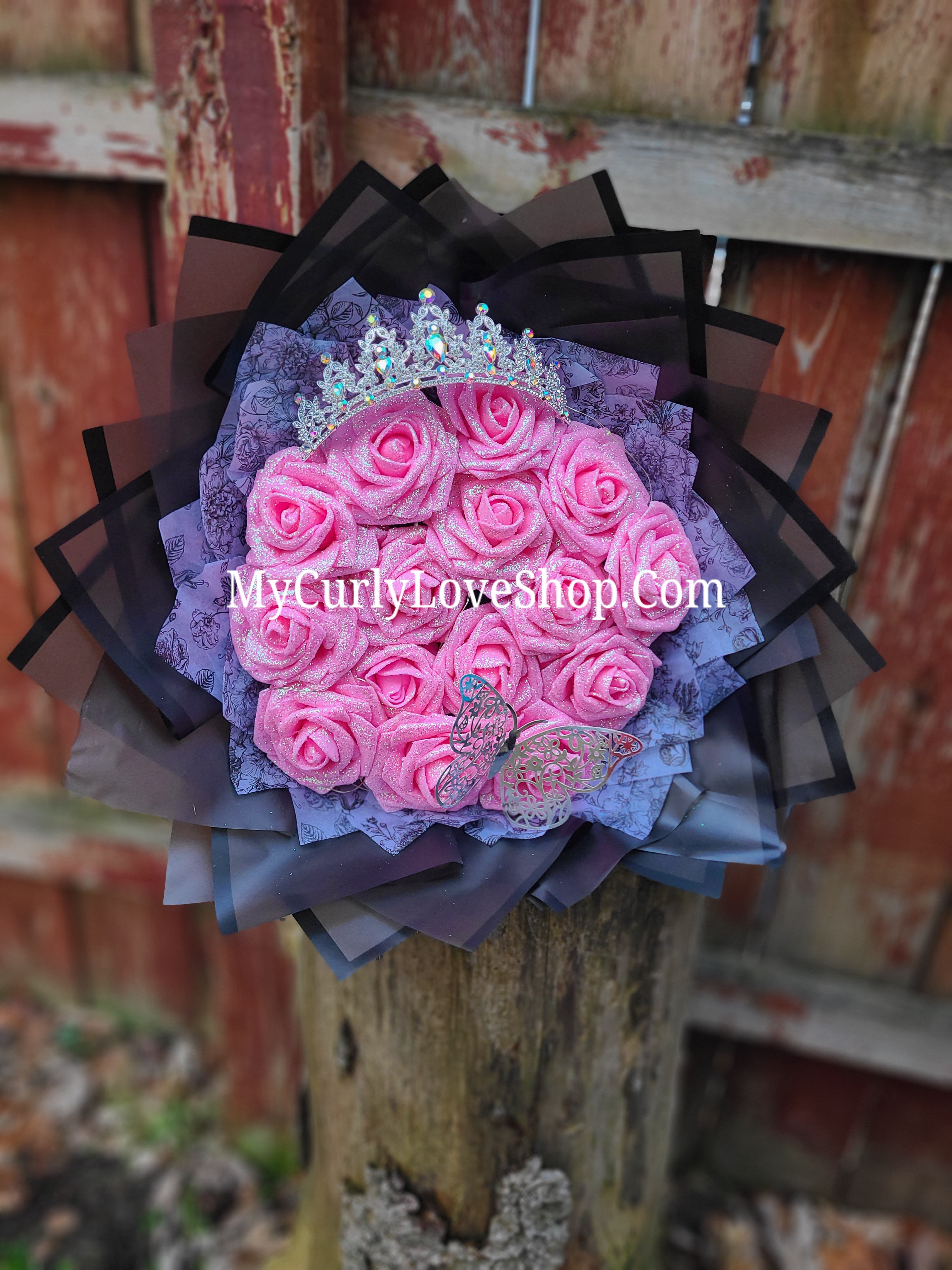 Glitter Roses Bouquet: Tiara and Butterfly Included (Tiara and Butterfly Shape Can Vary Depending on Availability) Banner and Lights are additional.