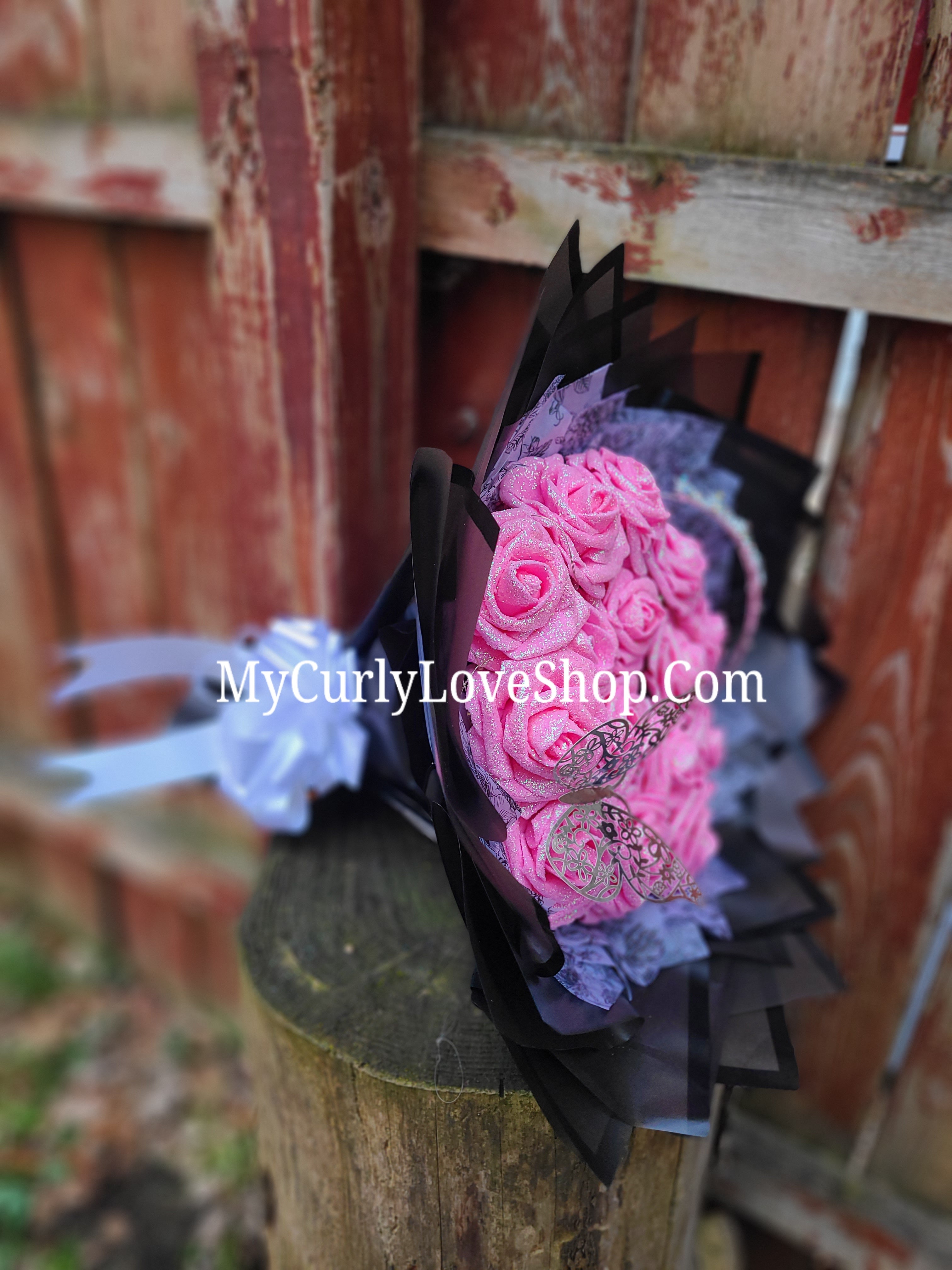 Glitter Roses Bouquet: Tiara and Butterfly Included (Tiara and Butterfly Shape Can Vary Depending on Availability) Banner and Lights are additional.