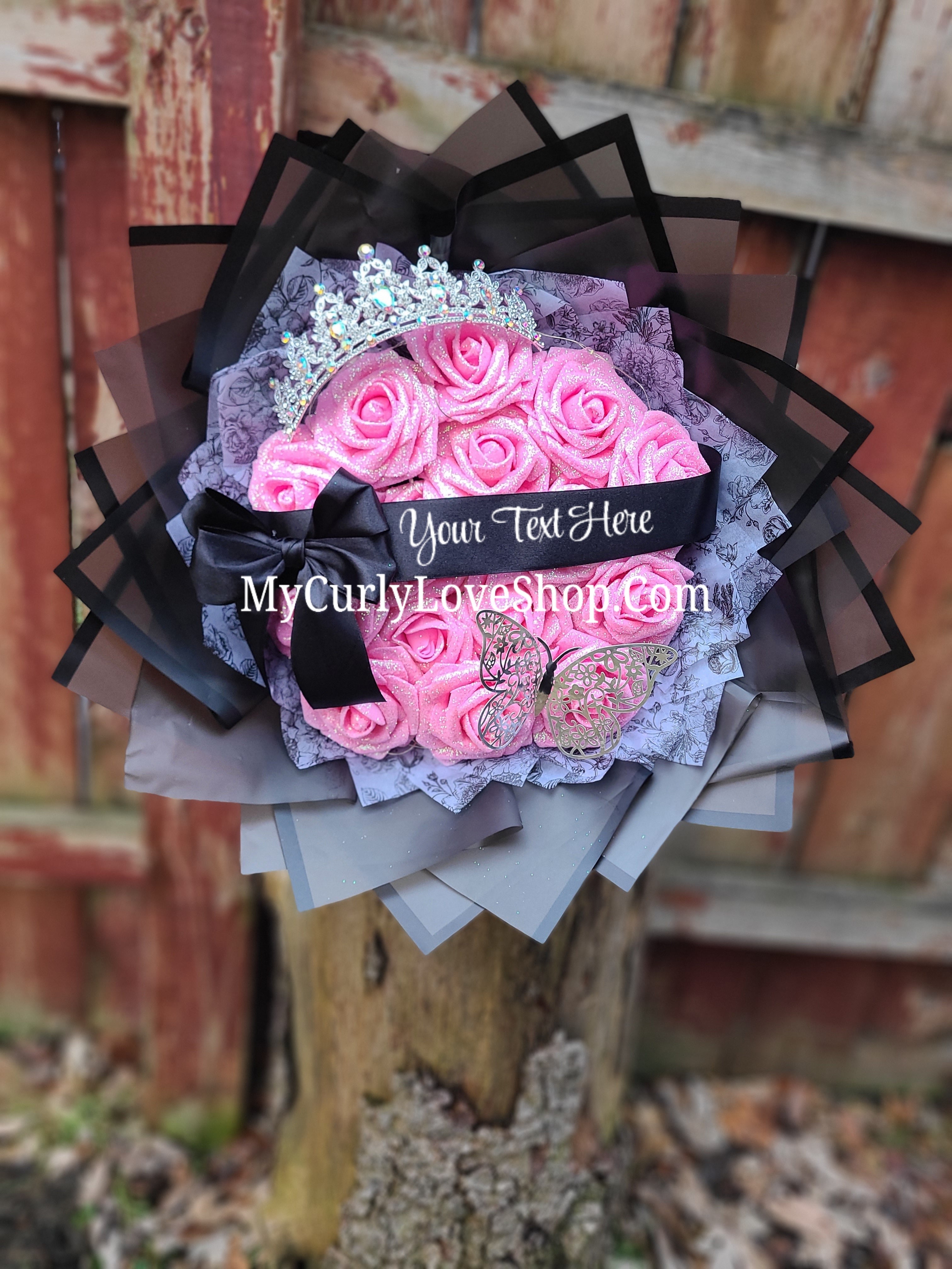 Glitter Roses Bouquet: Tiara and Butterfly Included (Tiara and Butterfly Shape Can Vary Depending on Availability) Banner and Lights are additional.