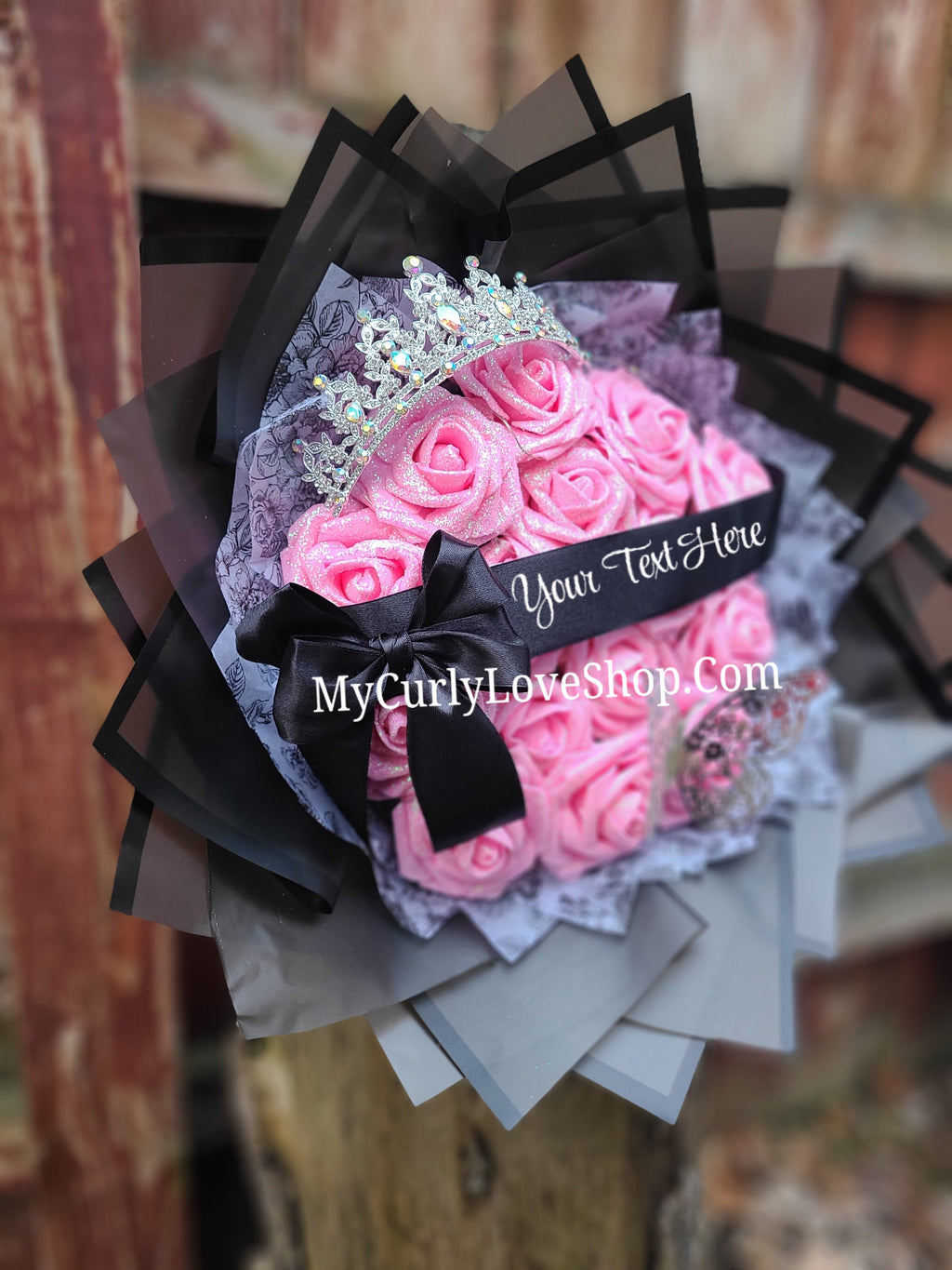 Glitter Roses Bouquet: Tiara and Butterfly Included (Tiara and Butterfly Shape Can Vary Depending on Availability) Banner and Lights are additional.