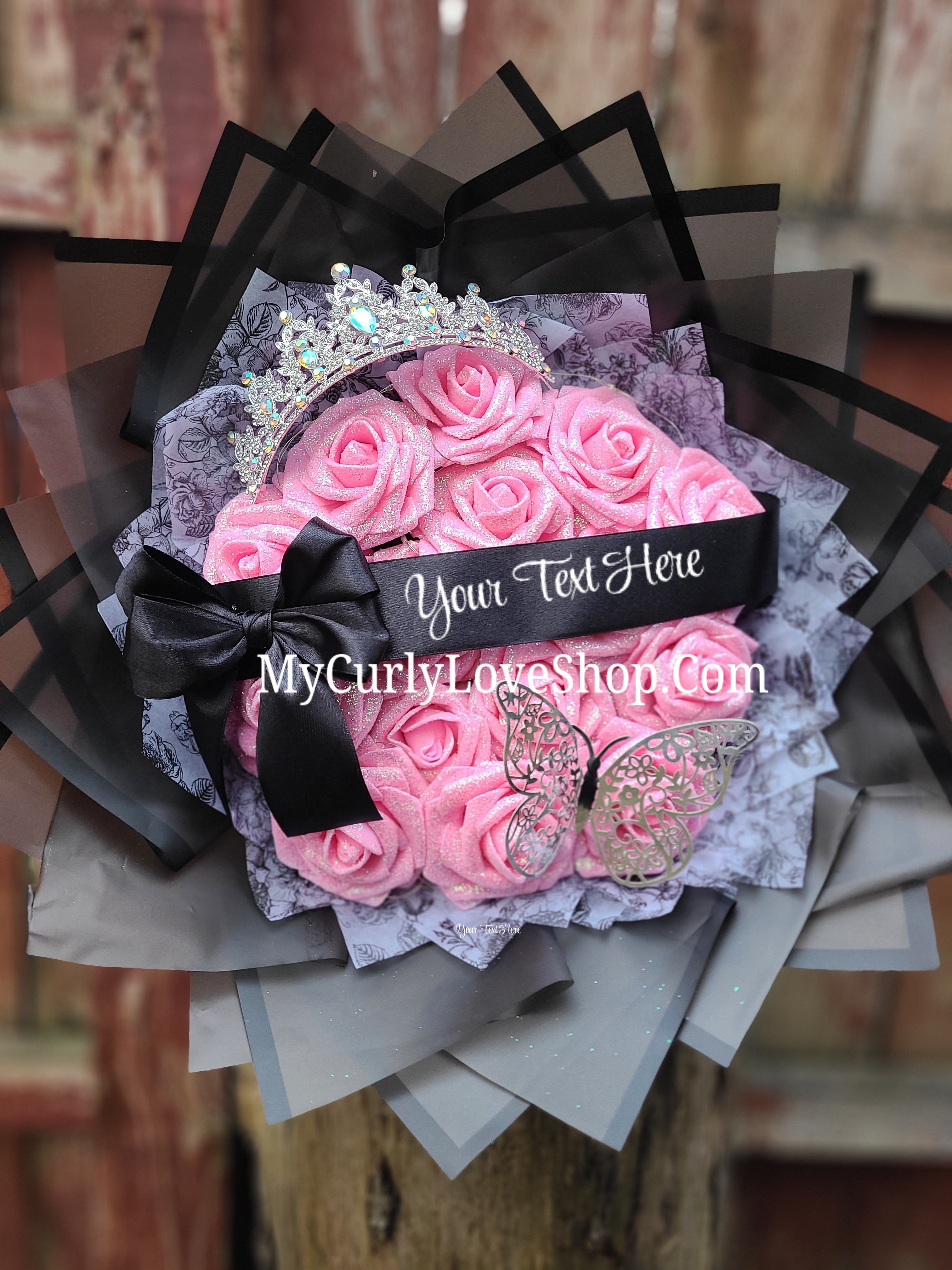 Glitter Roses Bouquet: Tiara and Butterfly Included (Tiara and Butterfly Shape Can Vary Depending on Availability) Banner and Lights are additional.