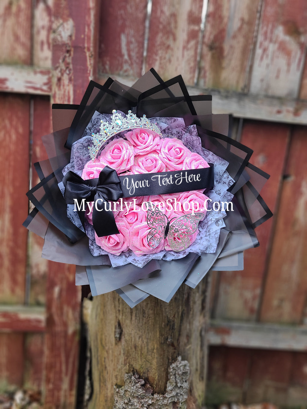 Glitter Roses Bouquet: Tiara and Butterfly Included (Tiara and Butterfly Shape Can Vary Depending on Availability) Banner and Lights are additional.