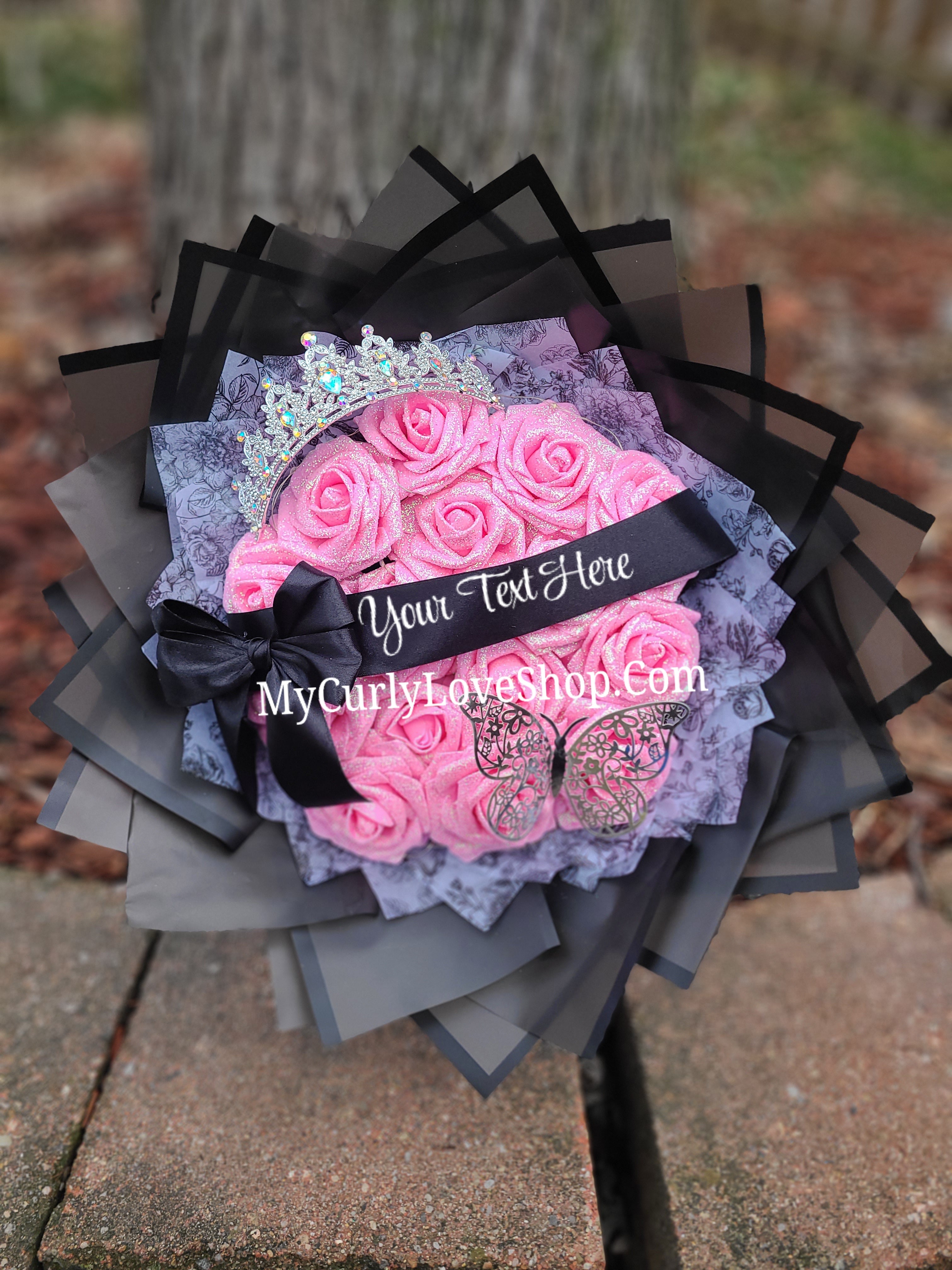 Glitter Roses Bouquet: Tiara and Butterfly Included (Tiara and Butterfly Shape Can Vary Depending on Availability) Banner and Lights are additional.