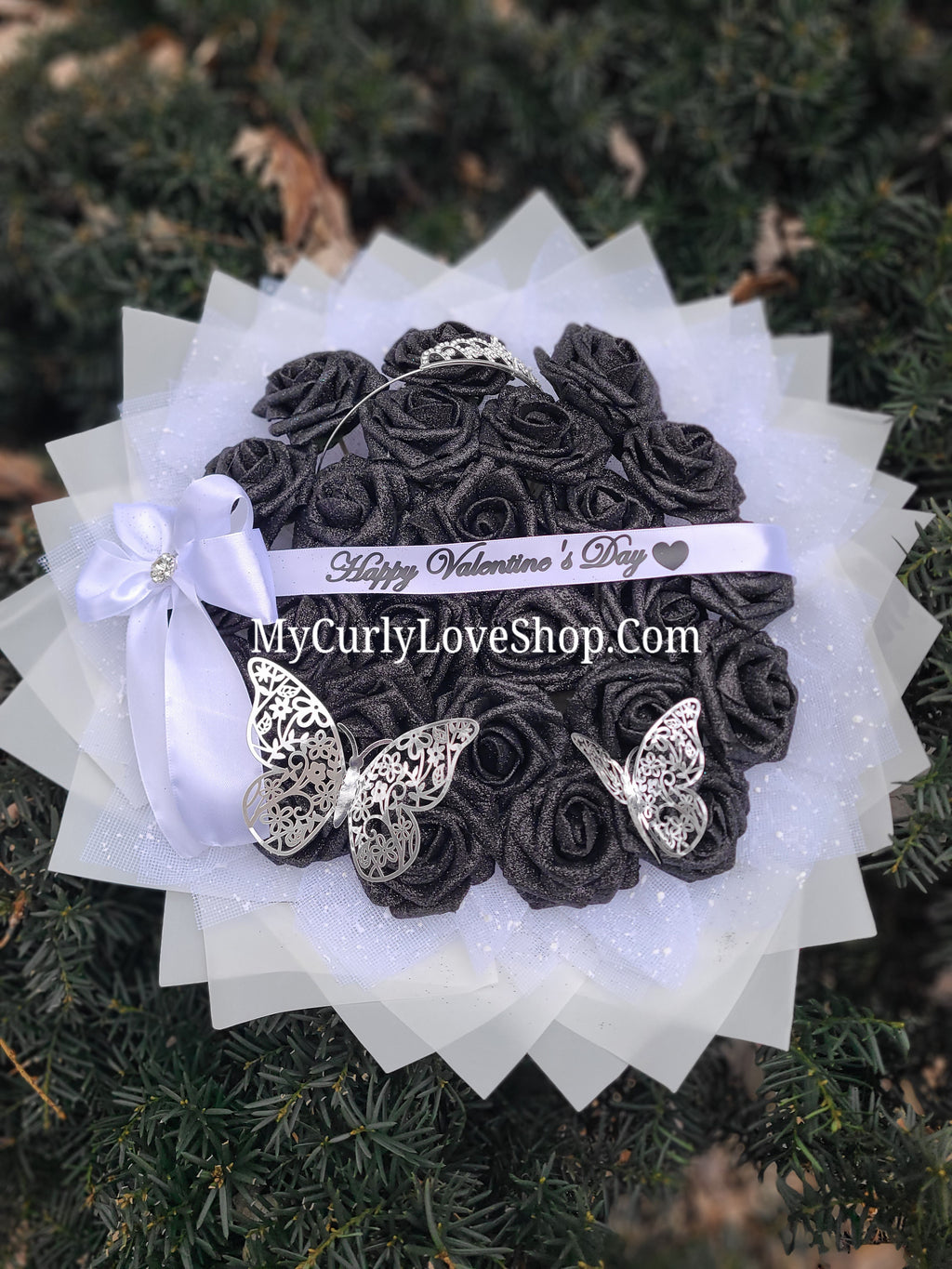 Glitter Roses Bouquet: Tiara and Butterfly Included (Tiara and Butterfly Shape Can Vary Depending on Availability) Banner and Lights are additional.