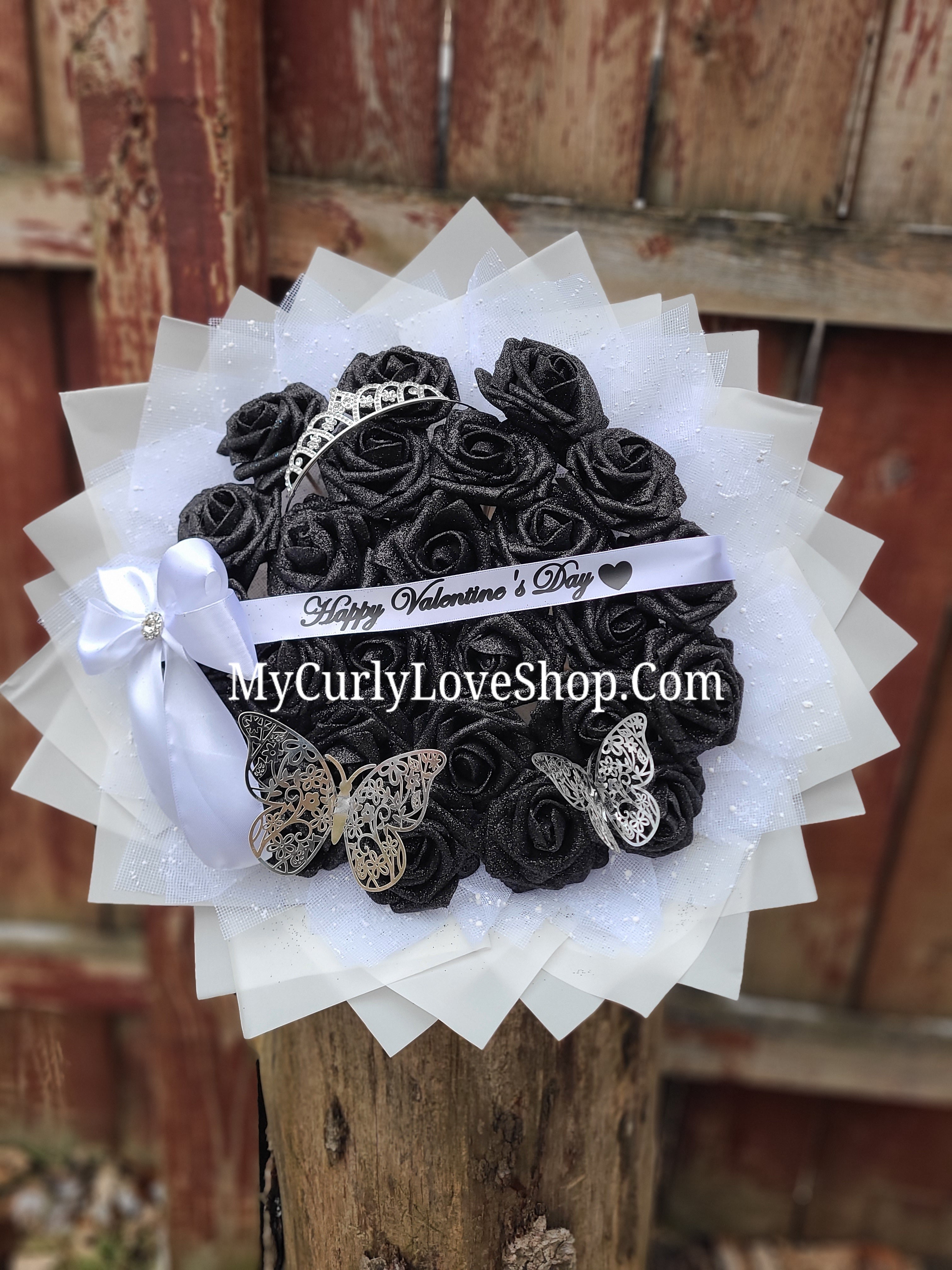 Glitter Roses Bouquet: Tiara and Butterfly Included (Tiara and Butterfly Shape Can Vary Depending on Availability) Banner and Lights are additional.