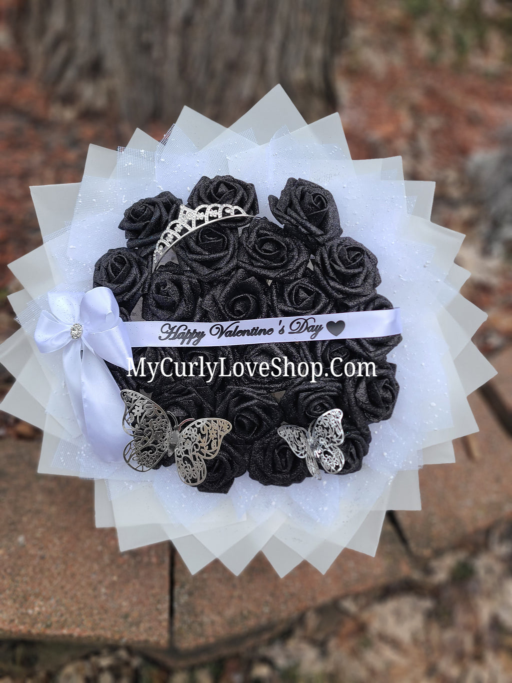 Glitter Roses Bouquet: Tiara and Butterfly Included (Tiara and Butterfly Shape Can Vary Depending on Availability) Banner and Lights are additional.