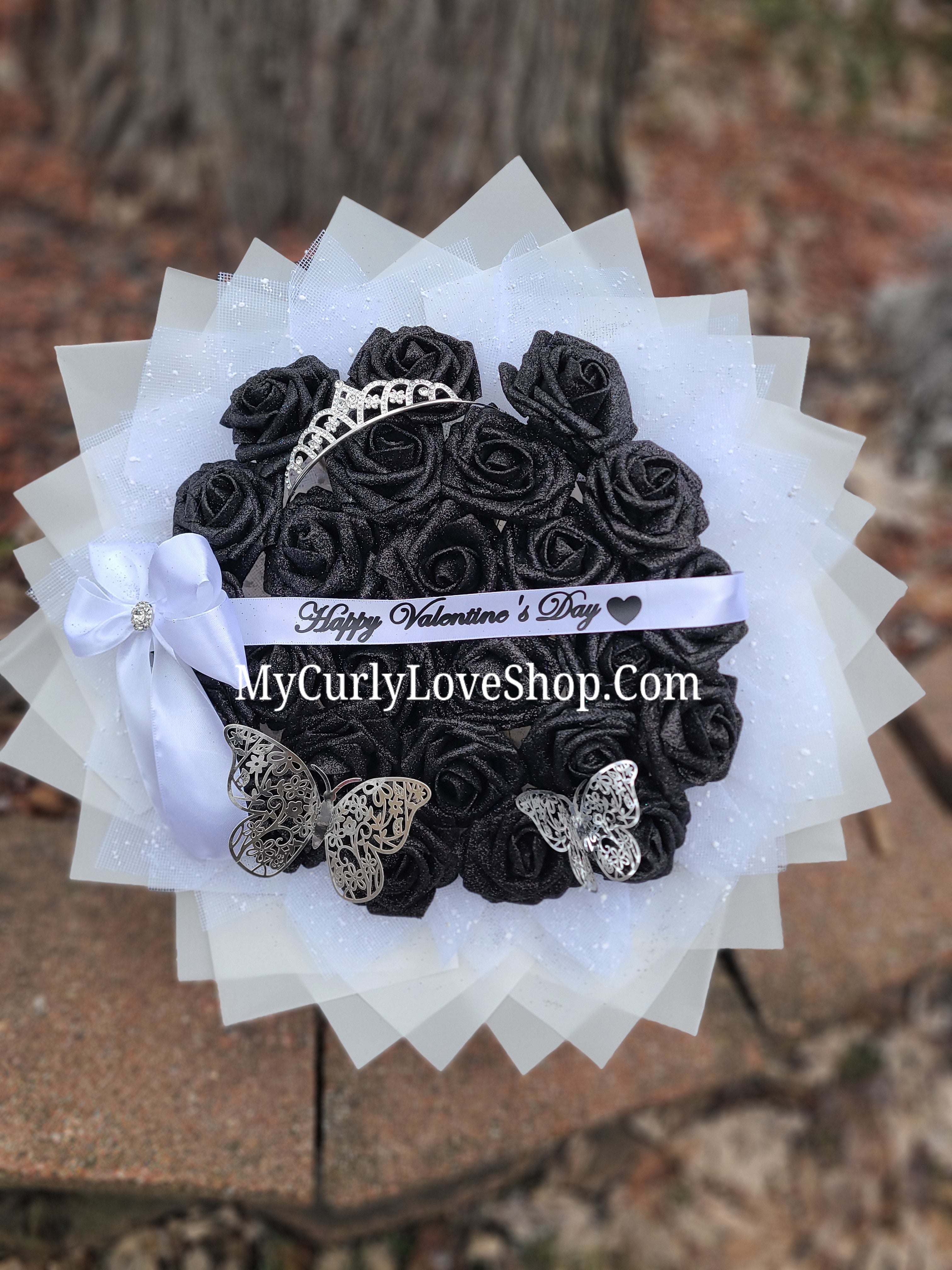Glitter Roses Bouquet: Tiara and Butterfly Included (Tiara and Butterfly Shape Can Vary Depending on Availability) Banner and Lights are additional.