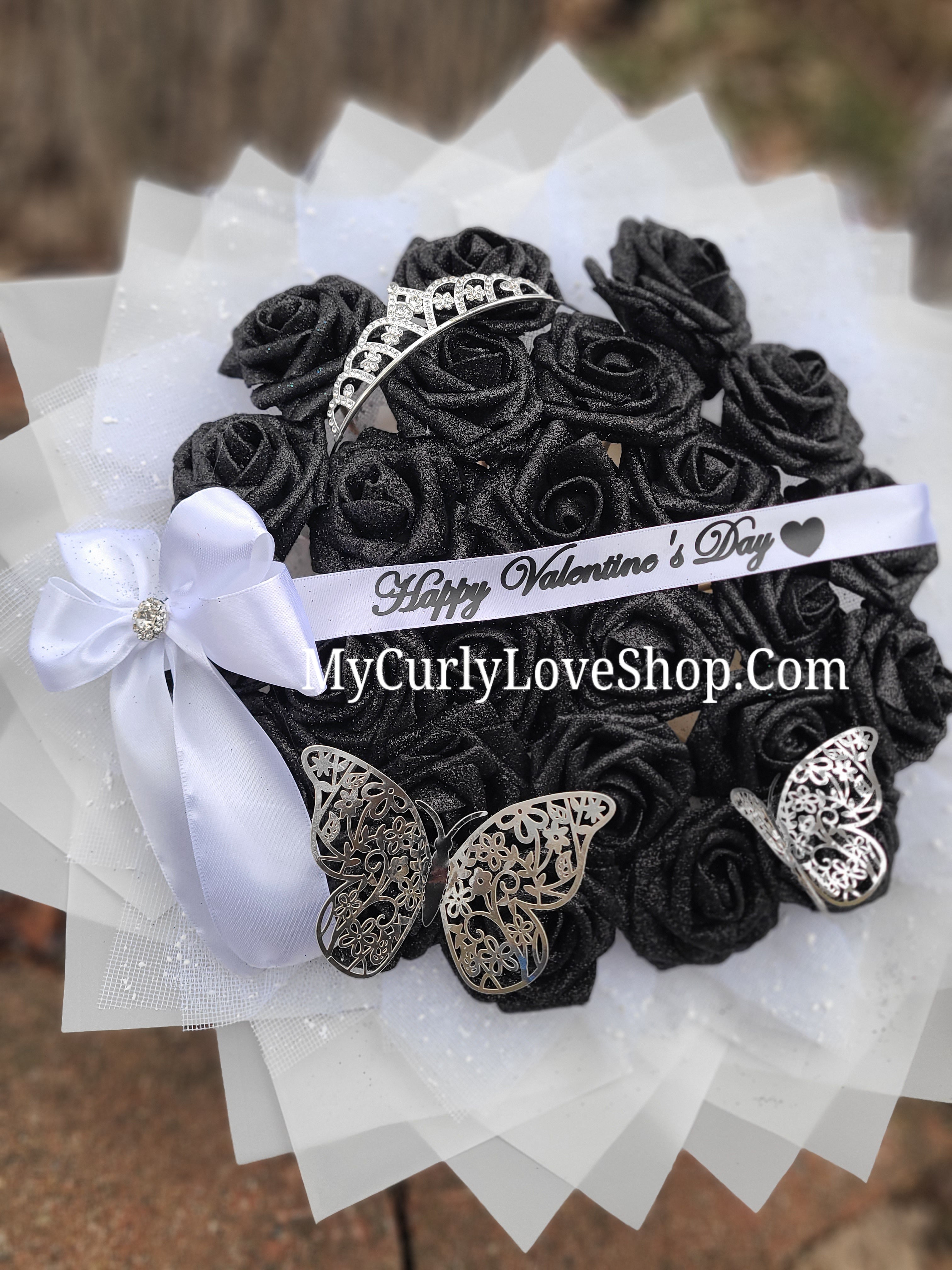 Glitter Roses Bouquet: Tiara and Butterfly Included (Tiara and Butterfly Shape Can Vary Depending on Availability) Banner and Lights are additional.
