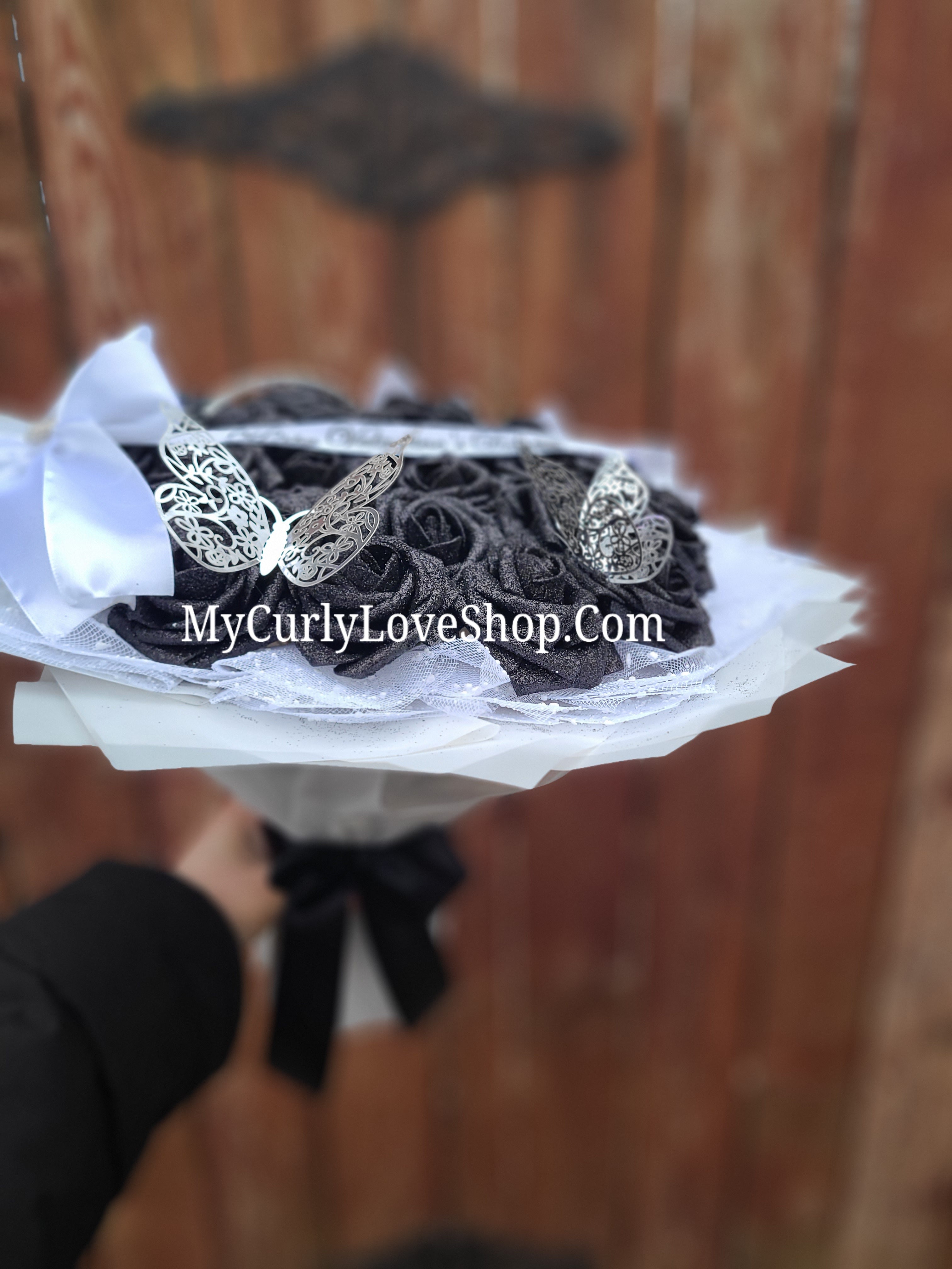Glitter Roses Bouquet: Tiara and Butterfly Included (Tiara and Butterfly Shape Can Vary Depending on Availability) Banner and Lights are additional.