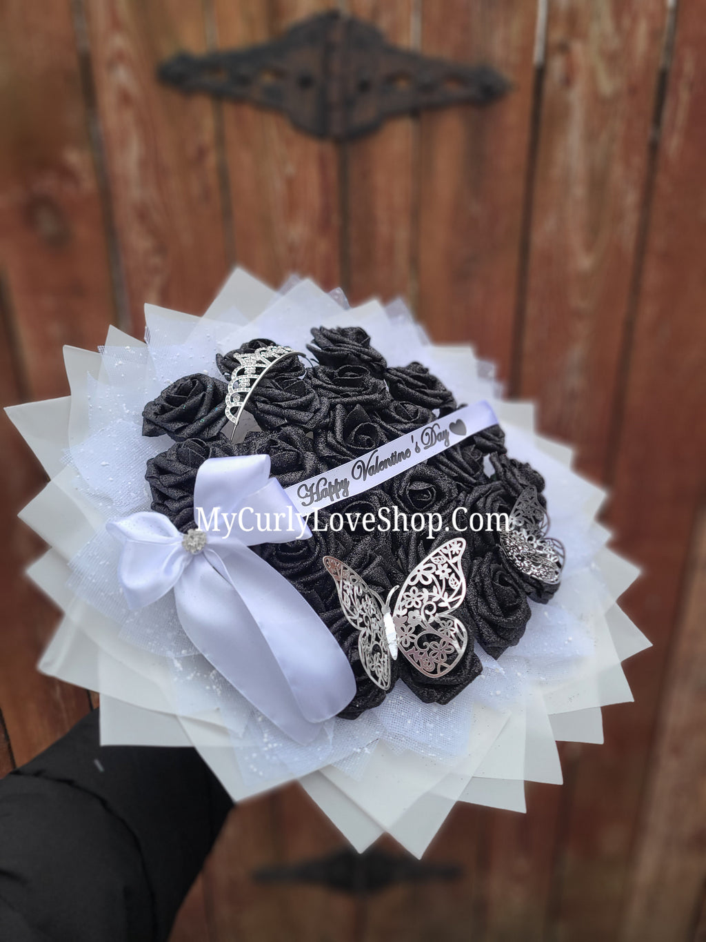 Glitter Roses Bouquet: Tiara and Butterfly Included (Tiara and Butterfly Shape Can Vary Depending on Availability) Banner and Lights are additional.