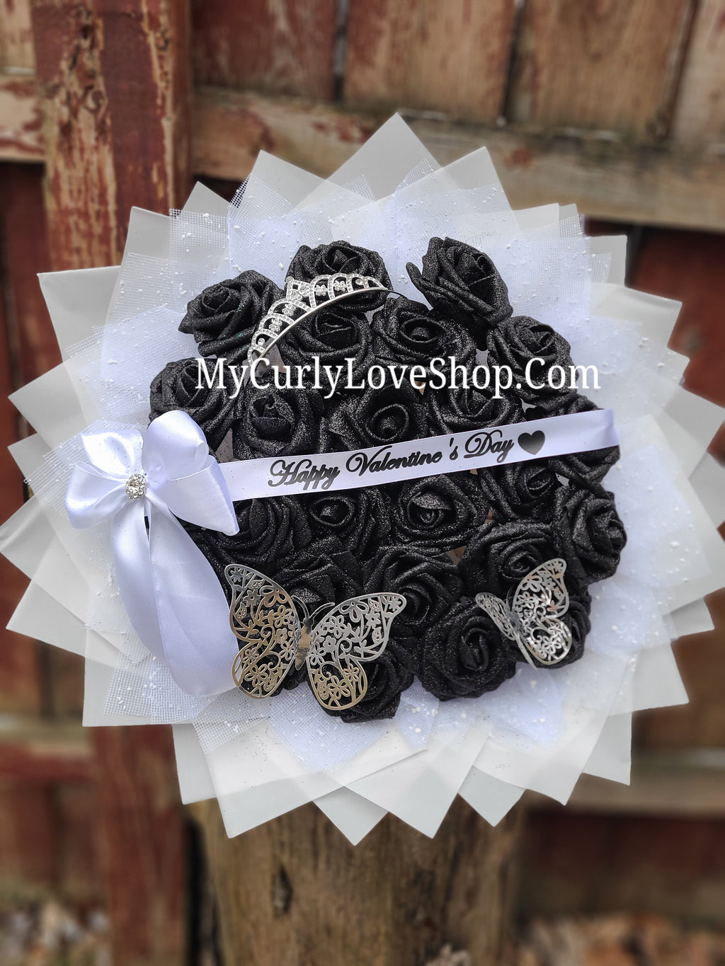 Glitter Roses Bouquet: Tiara and Butterfly Included (Tiara and Butterfly Shape Can Vary Depending on Availability) Banner and Lights are additional.