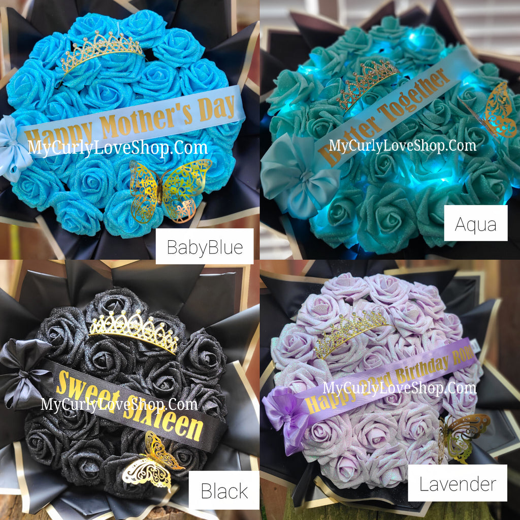 Glitter Roses Bouquet: Tiara and Butterfly Included (Tiara and Butterfly Shape Can Vary Depending on Availability) Banner and Lights are additional.