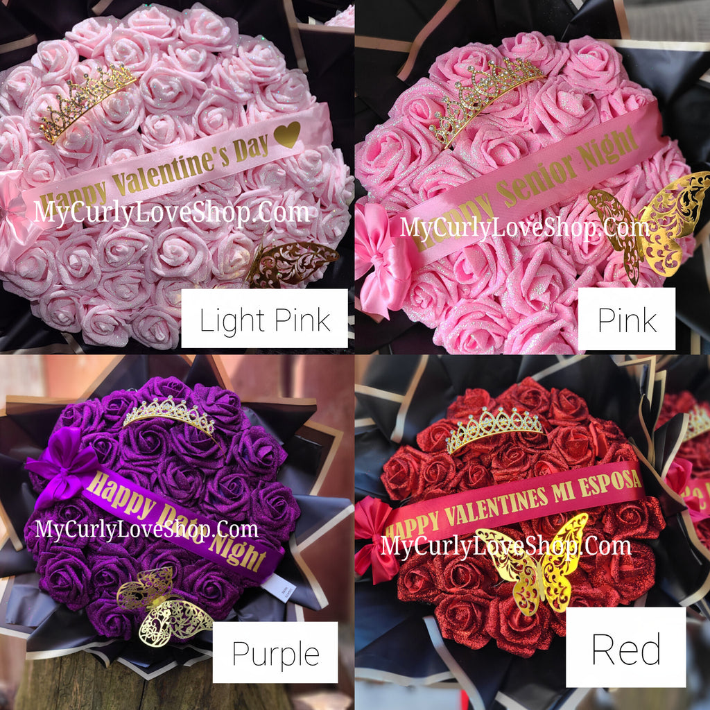 Glitter Roses Bouquet: Tiara and Butterfly Included (Tiara and Butterfly Shape Can Vary Depending on Availability) Banner and Lights are additional.