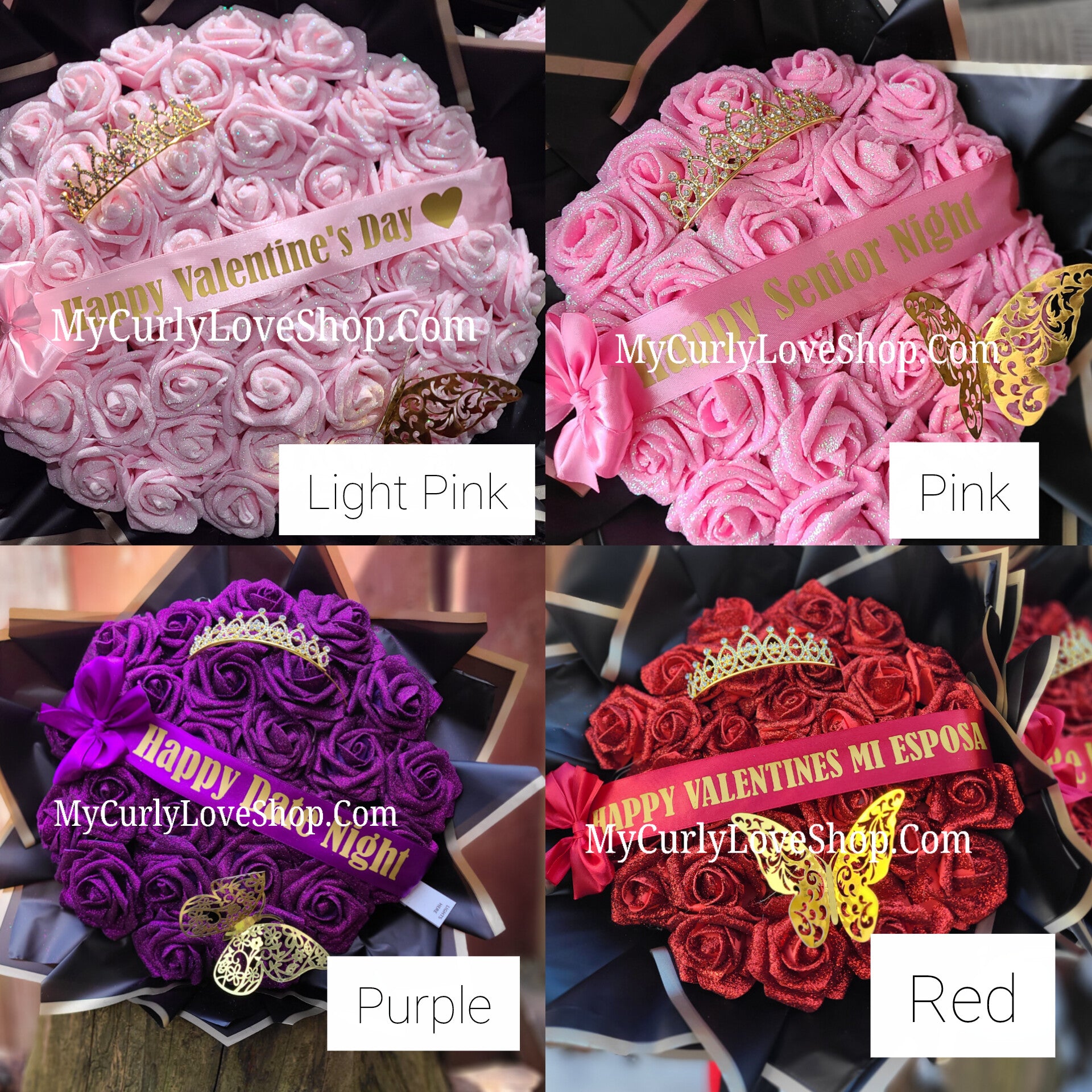 Glitter Roses Bouquet: Tiara and Butterfly Included (Tiara and Butterfly Shape Can Vary Depending on Availability) Banner and Lights are additional.
