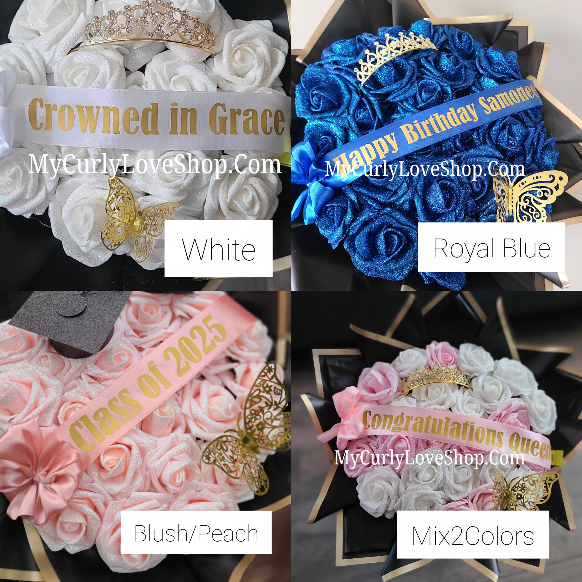 Glitter Roses Bouquet: Tiara and Butterfly Included (Tiara and Butterfly Shape Can Vary Depending on Availability) Banner and Lights are additional.