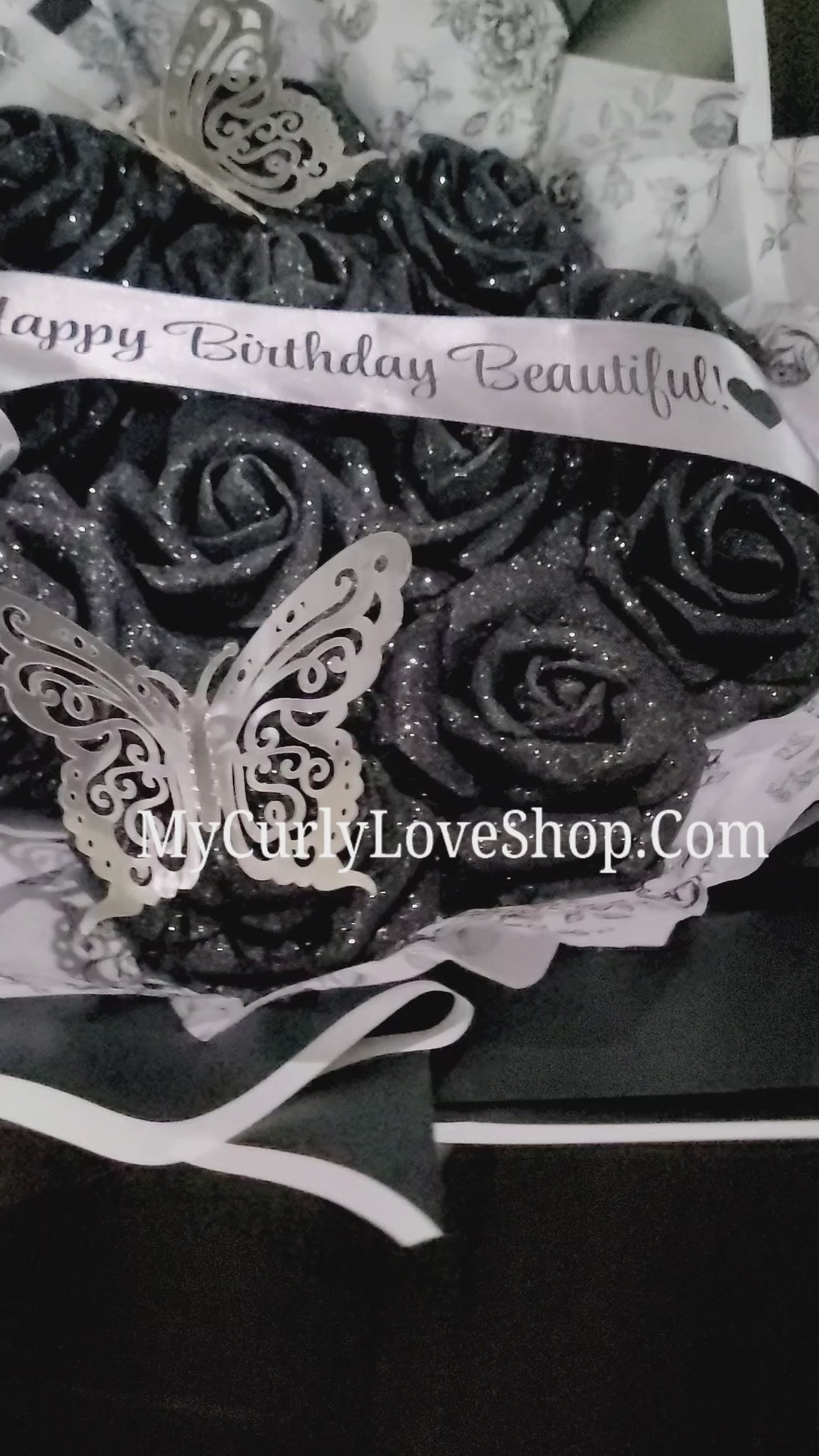Floral Glitter Roses Bouquet. Comes with two silver butterflies. Banner and Lights are additional. See selection.