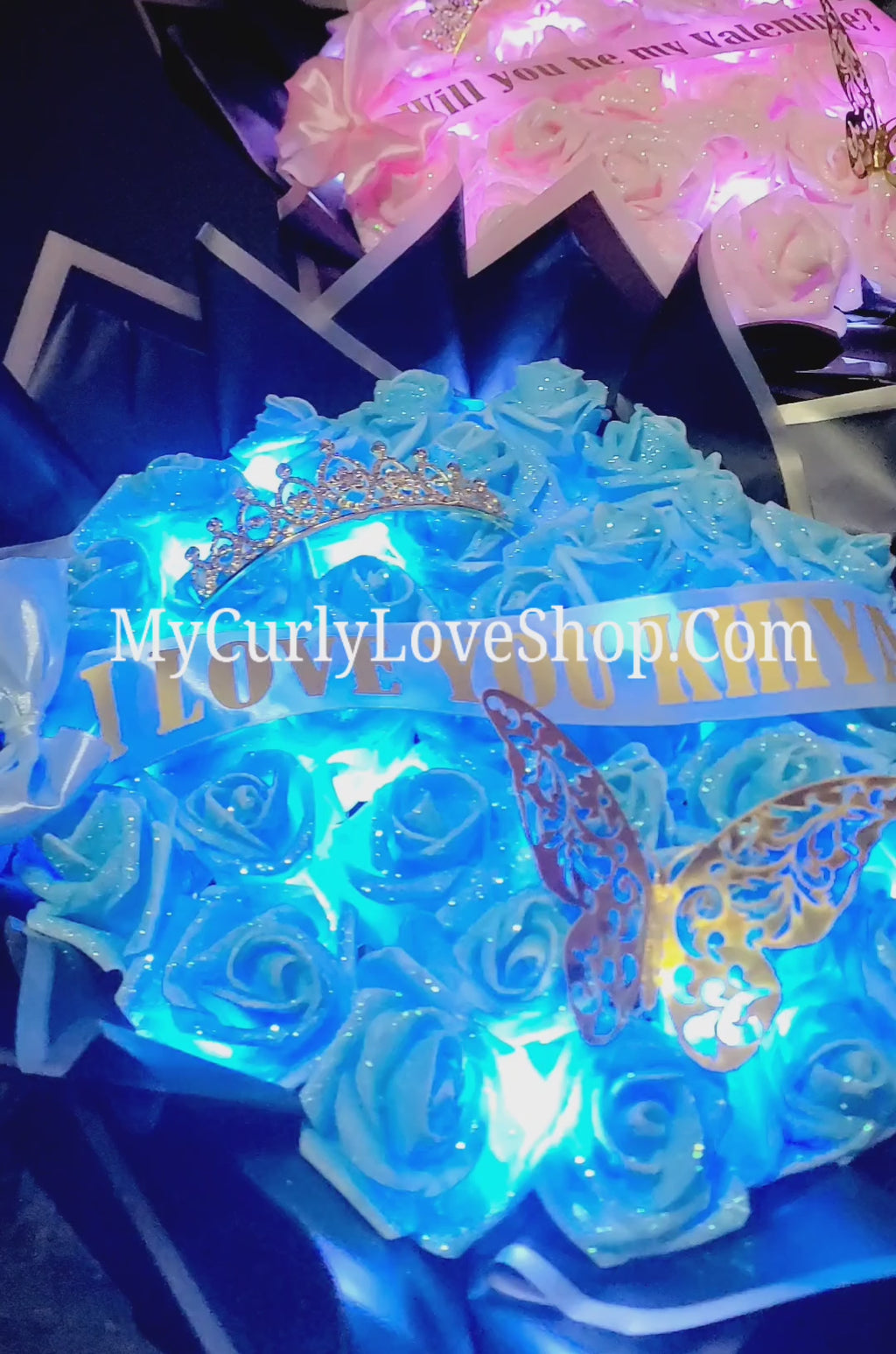 Glitter Roses Bouquet: Tiara and Butterfly Included (Tiara and Butterfly Shape Can Vary Depending on Availability) Banner and Lights are additional.