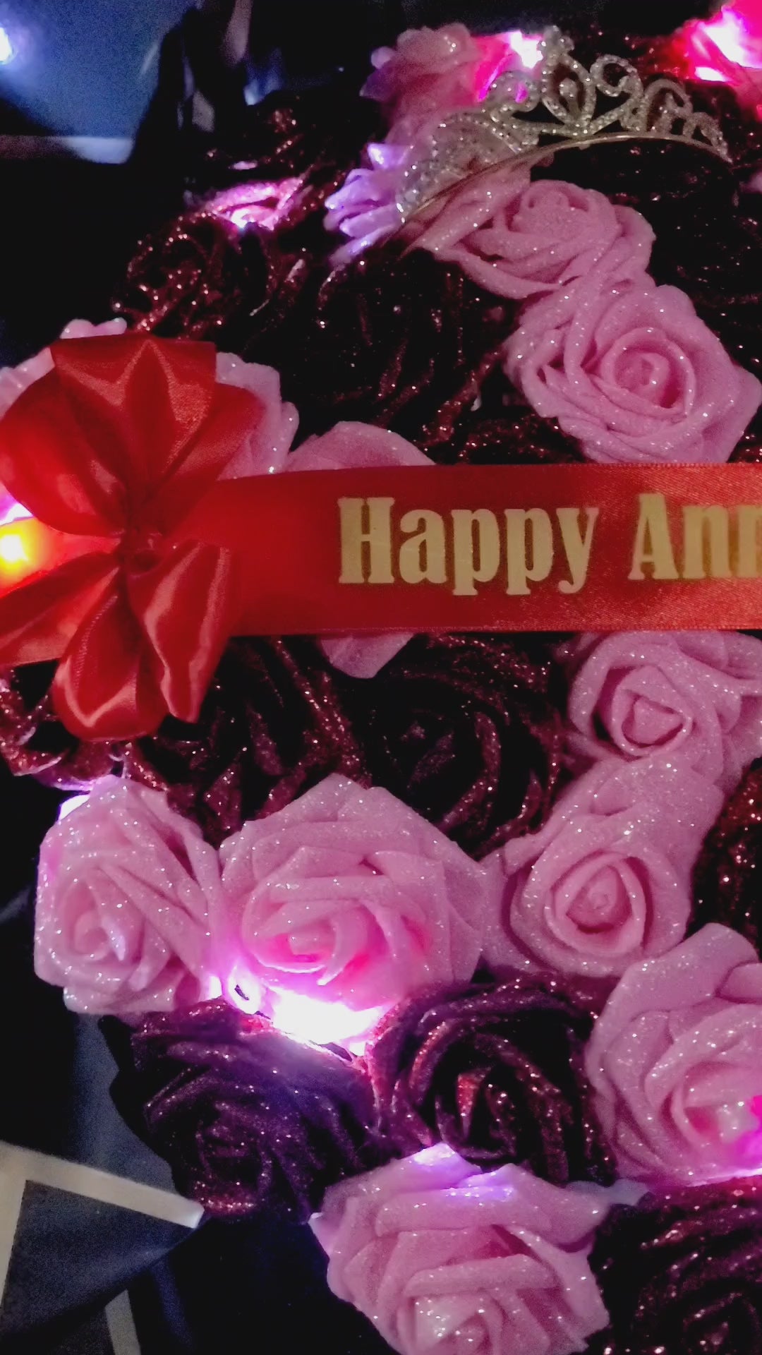 Red & Pink Glitter Roses Bouquet: Tiara and Butterfly Included (Tiara and Butterfly Shape Can Vary Depending on Availability) Banner and Lights are additional.