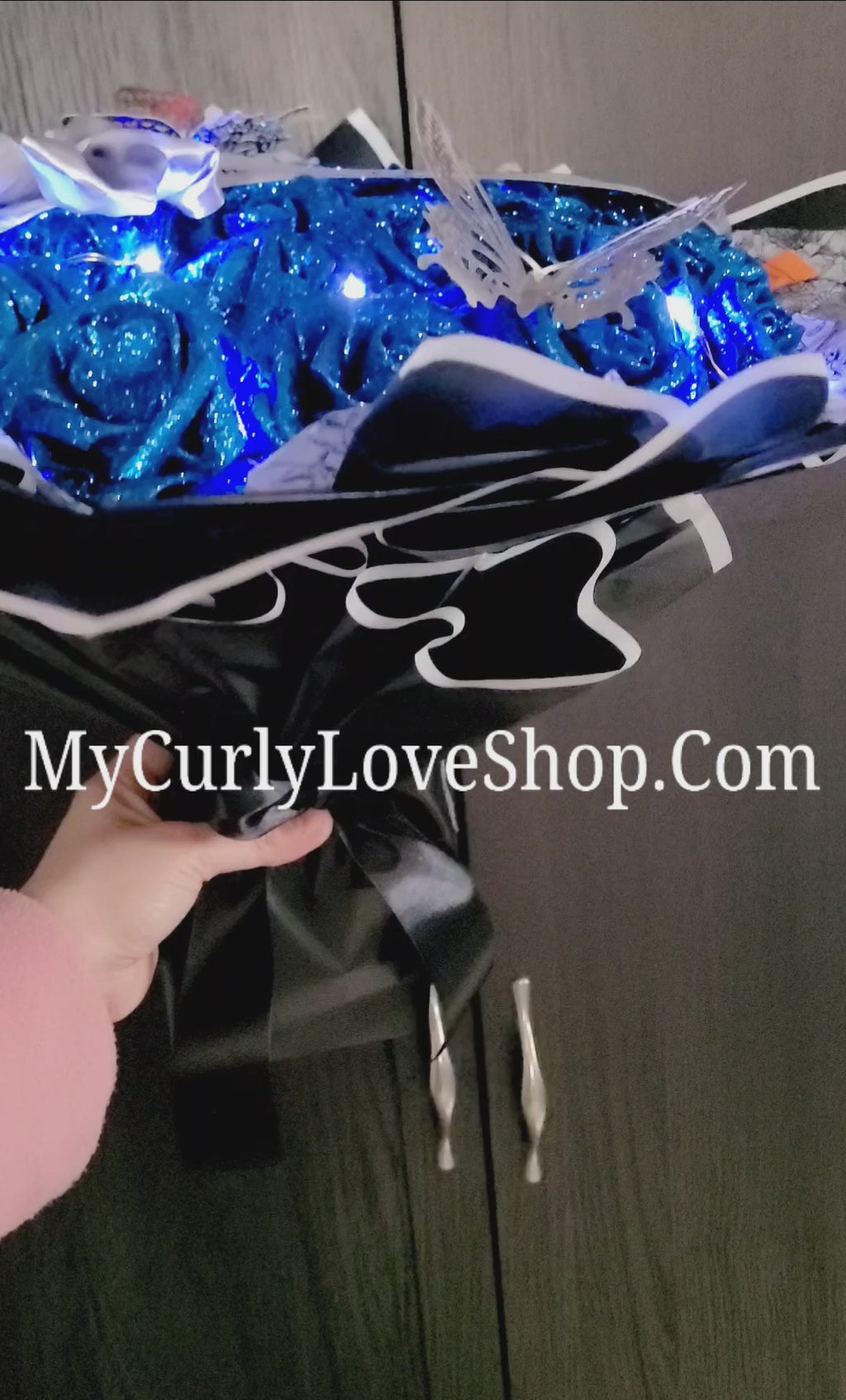 Floral Glitter Roses Bouquet. Comes with two silver butterflies. Banner and Lights are additional. See selection.