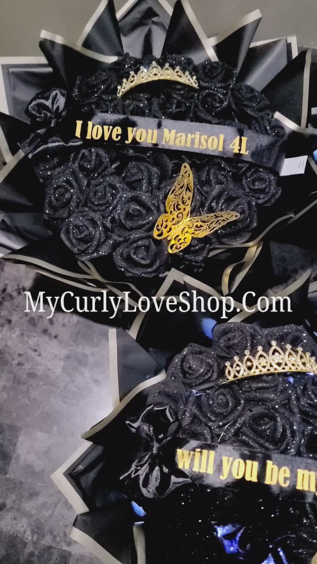 Glitter Roses Bouquet: Tiara and Butterfly Included (Tiara and Butterfly Shape Can Vary Depending on Availability) Banner and Lights are additional.