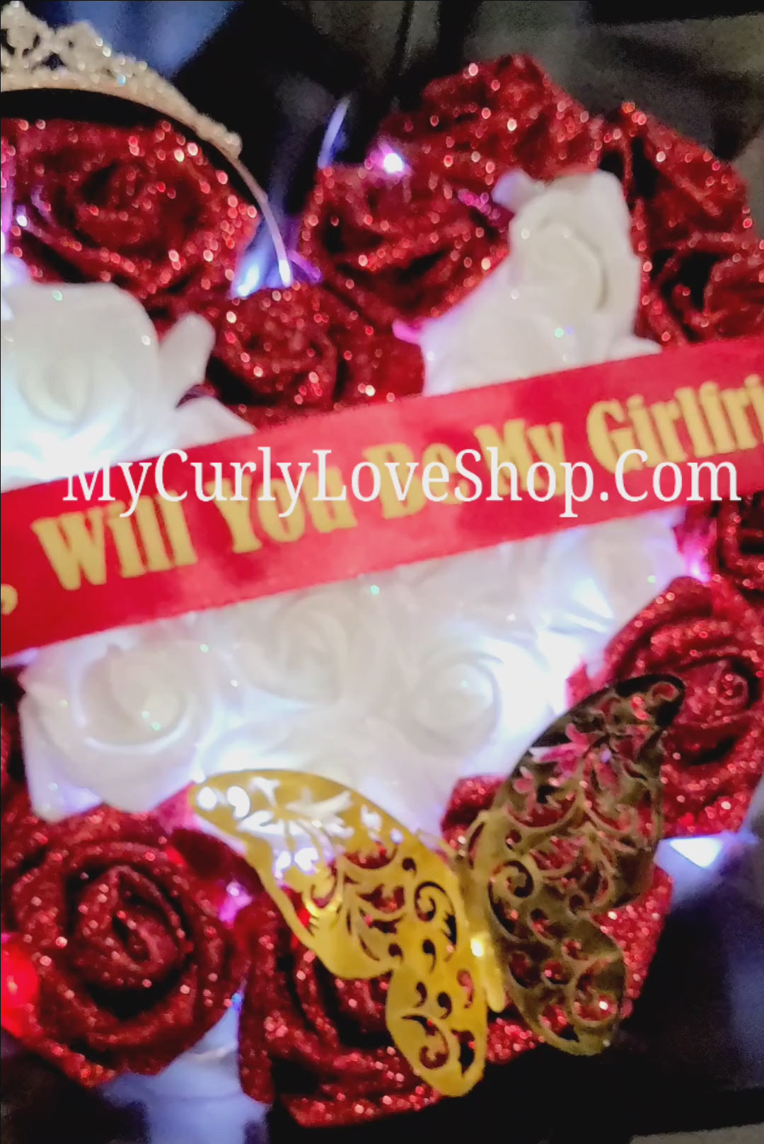 Heart Shaped Glitter Roses Bouquet. Tiara and Butterfly Included. Banner and Lights are additional.