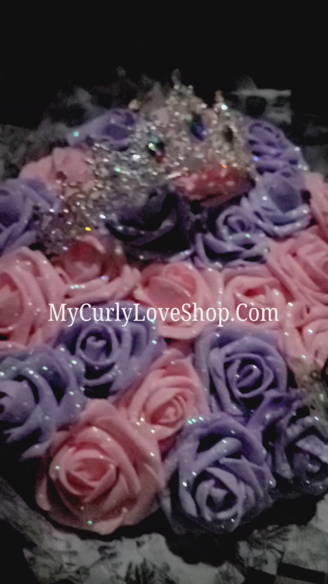 Silver Tiara and Butterfly Glitter Roses Bouquet: Tiara and Butterfly Included. Personalized Ribbon and Lights are additional.