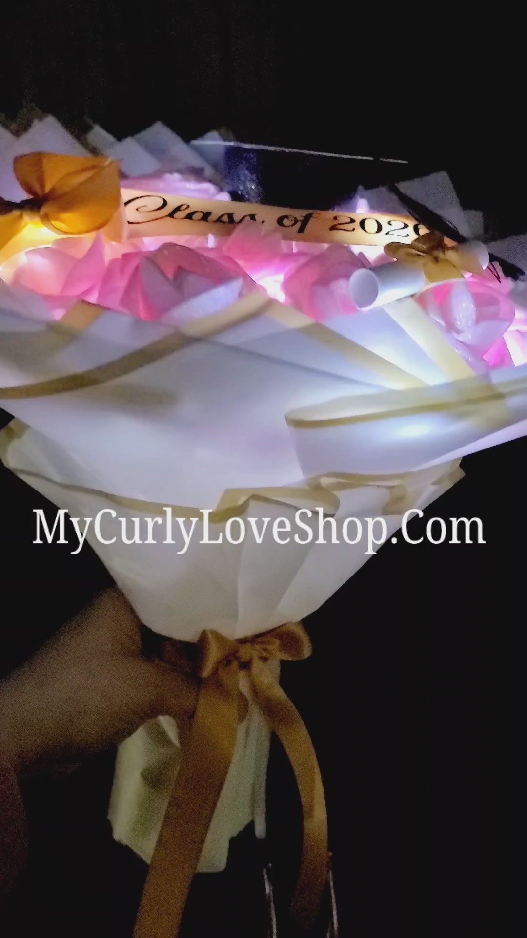 Graduation Glitter Roses Bouquet. Graduation Cap and Diploma Embellishment Included. Name on the Cap, Banner and Lights are additional.