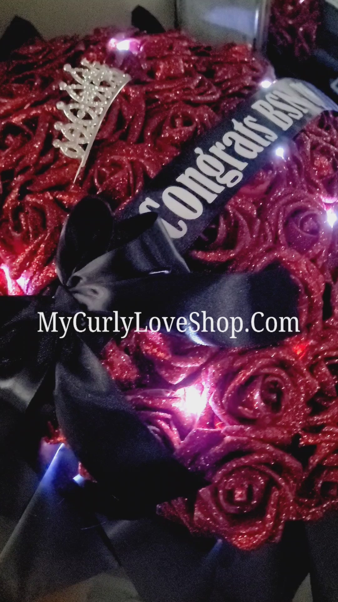Ramo Comes with Graduation Cap or Tiara. Glitter Roses.  Banner and Lights are additional, see selection.