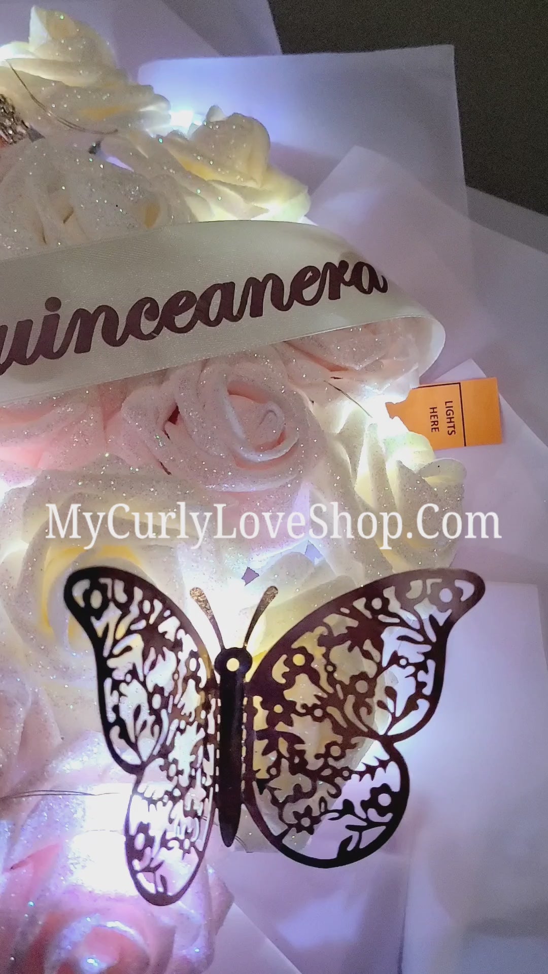 Blush Pink Glitter Roses Bouquet: Tiara and Butterfly Included (Tiara and Butterfly Shape Can Vary Depending on Availability) Banner and Lights are additional.