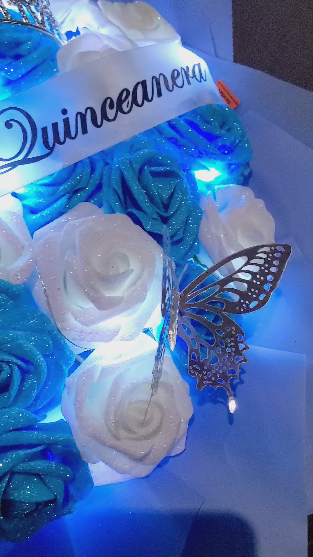 BLUE Glitter Roses Bouquet: Tiara and Butterfly Included (Tiara and Butterfly Shape Can Vary Depending on Availability) Banner and Lights are additional.