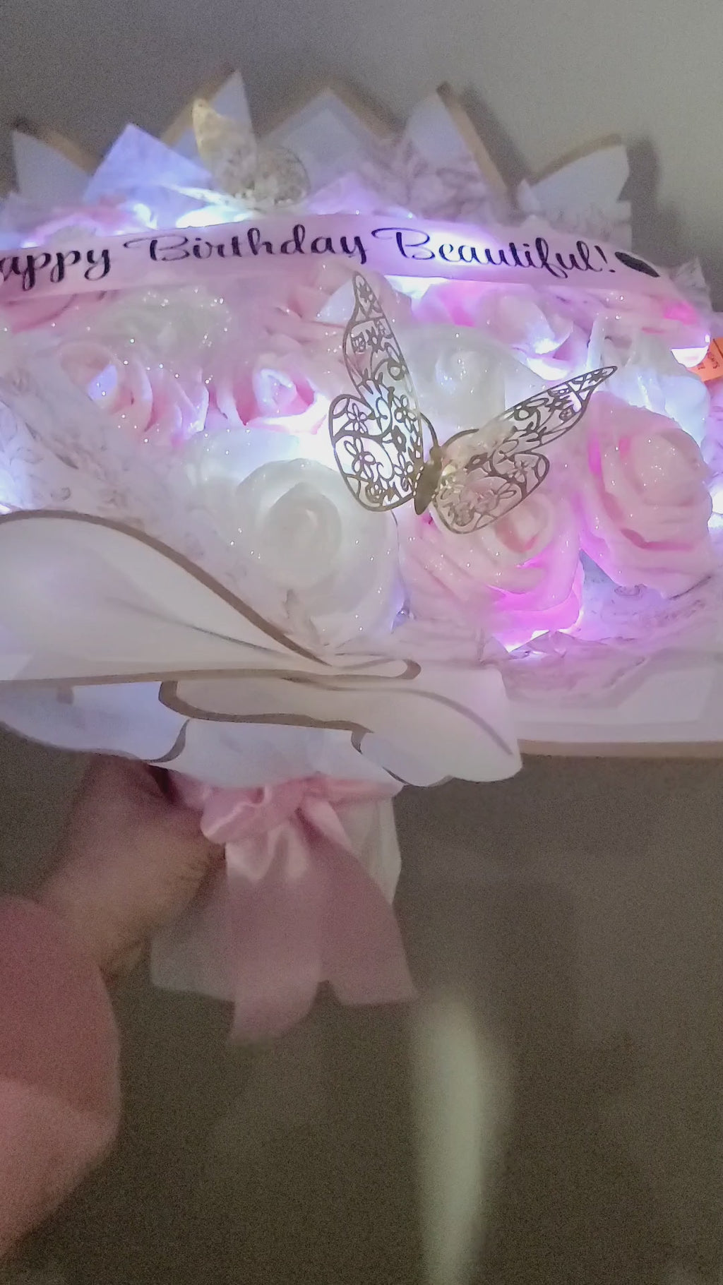 Floral Glitter Roses Bouquet. Comes with two gold butterflies. Banner and Lights are additional. See selection.