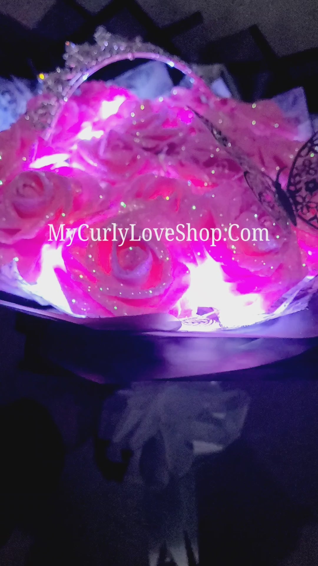Glitter Roses Bouquet: Tiara and Butterfly Included (Tiara and Butterfly Shape Can Vary Depending on Availability) Banner and Lights are additional.