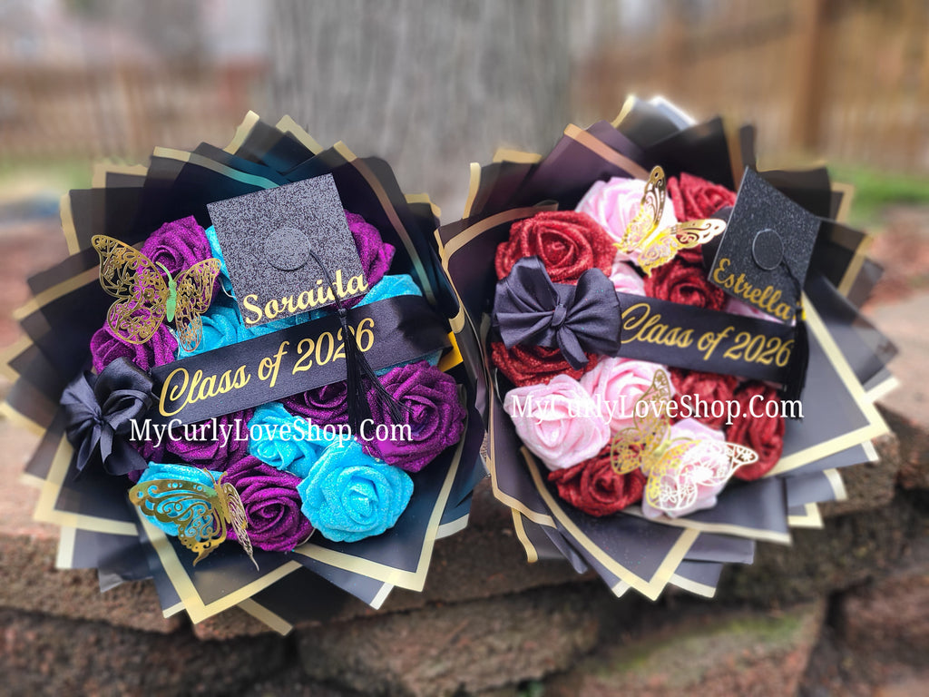 Graduation Glitter Roses Bouquet. Graduation Cap and 2 gold butterflies Included. Banner and Lights are additional.