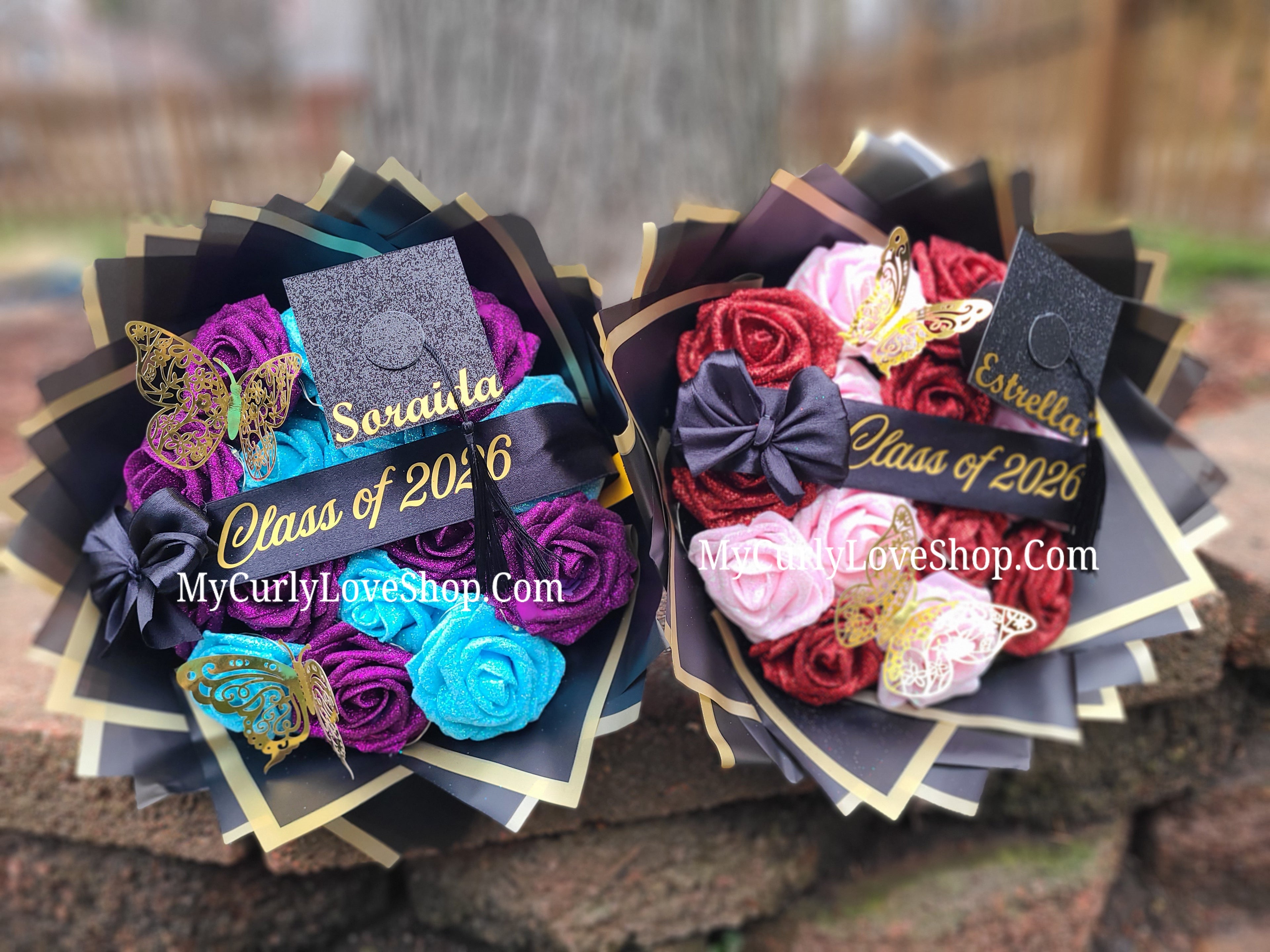 Graduation Glitter Roses Bouquet. Graduation Cap and 2 gold butterflies Included. Banner and Lights are additional.