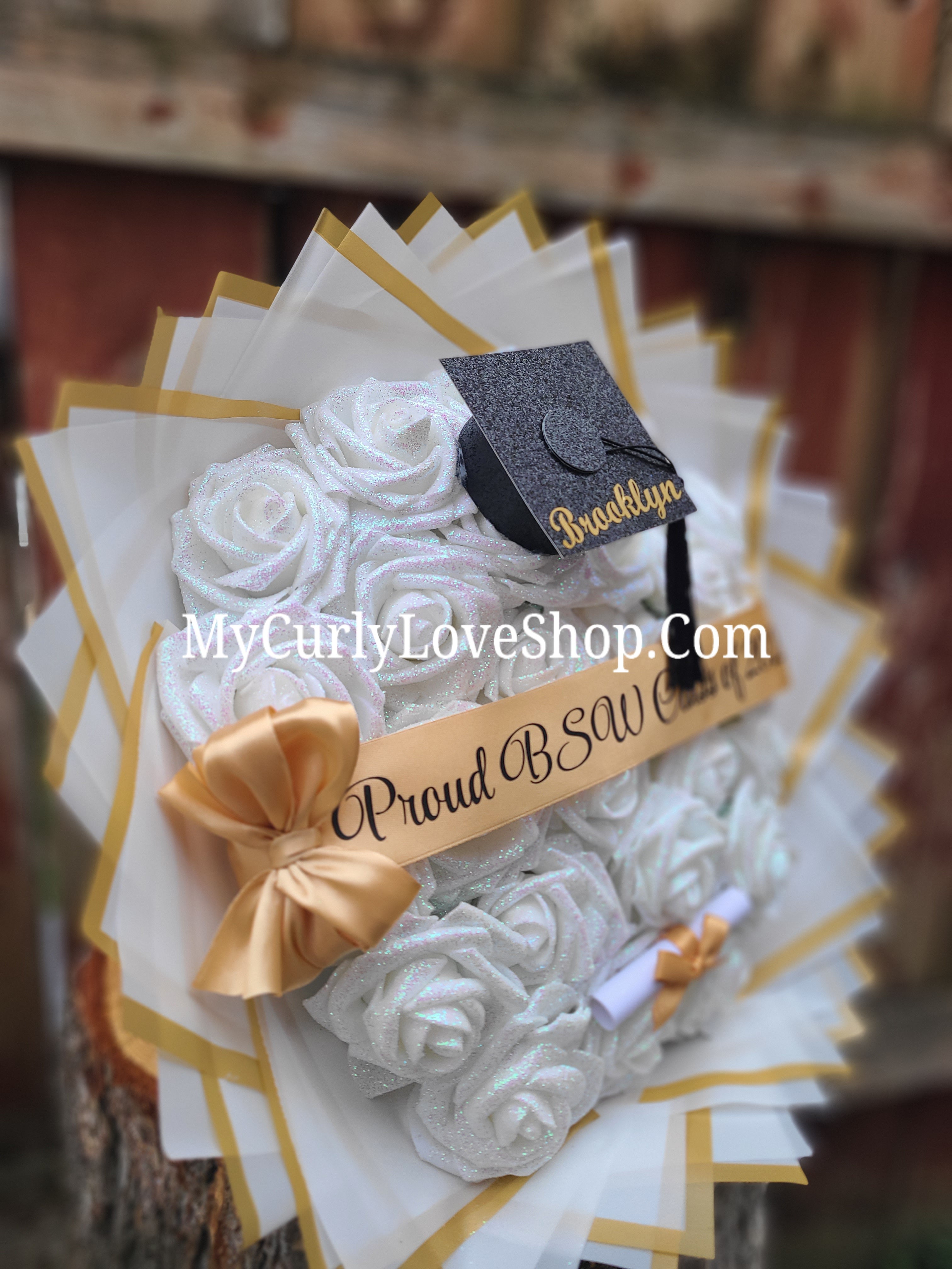 Graduation Glitter Roses Bouquet. Graduation Cap and Diploma Embellishment Included. Name on the Cap, Banner and Lights are additional.