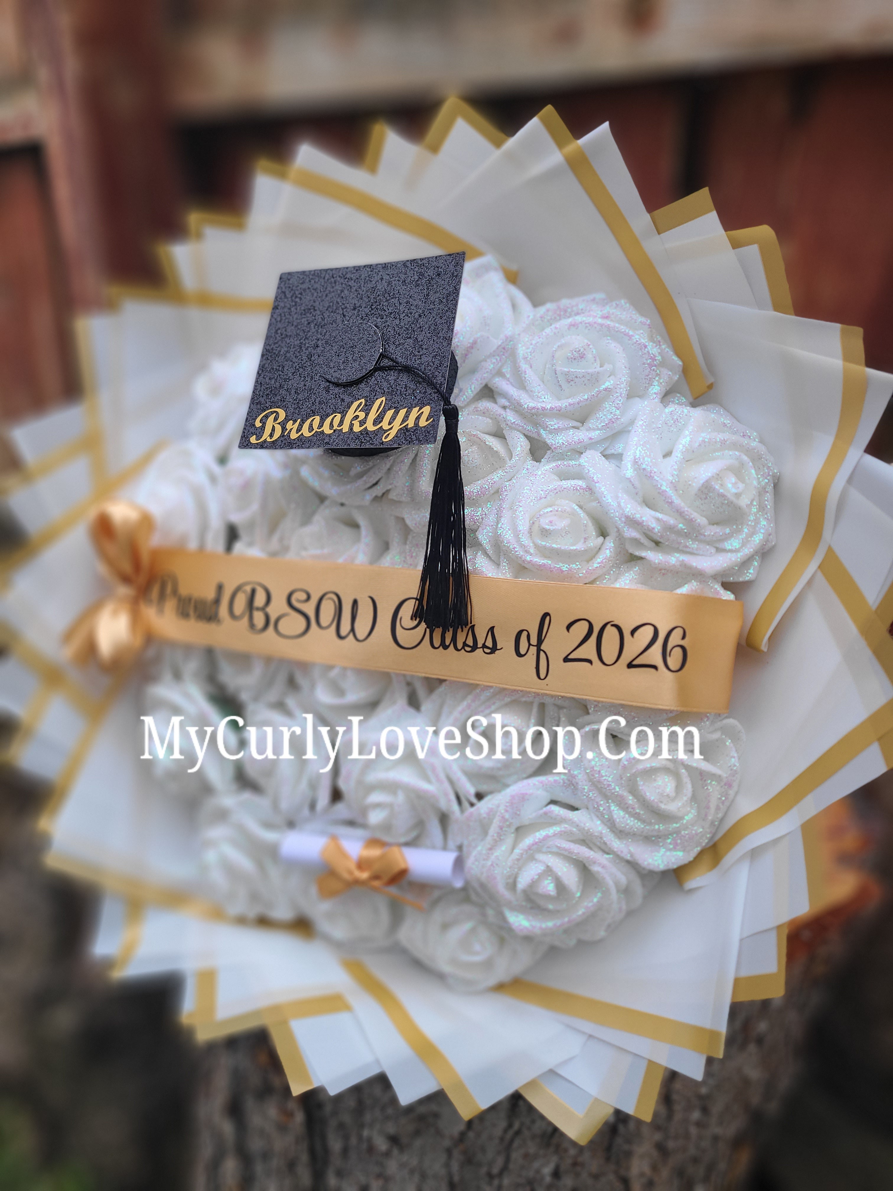 Graduation Glitter Roses Bouquet. Graduation Cap and Diploma Embellishment Included. Name on the Cap, Banner and Lights are additional.