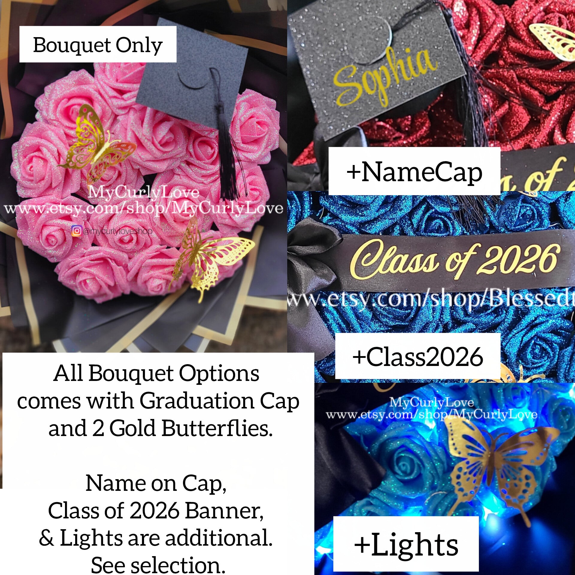 Graduation Glitter Roses Bouquet. Graduation Cap and 2 gold butterflies Included. Banner and Lights are additional.