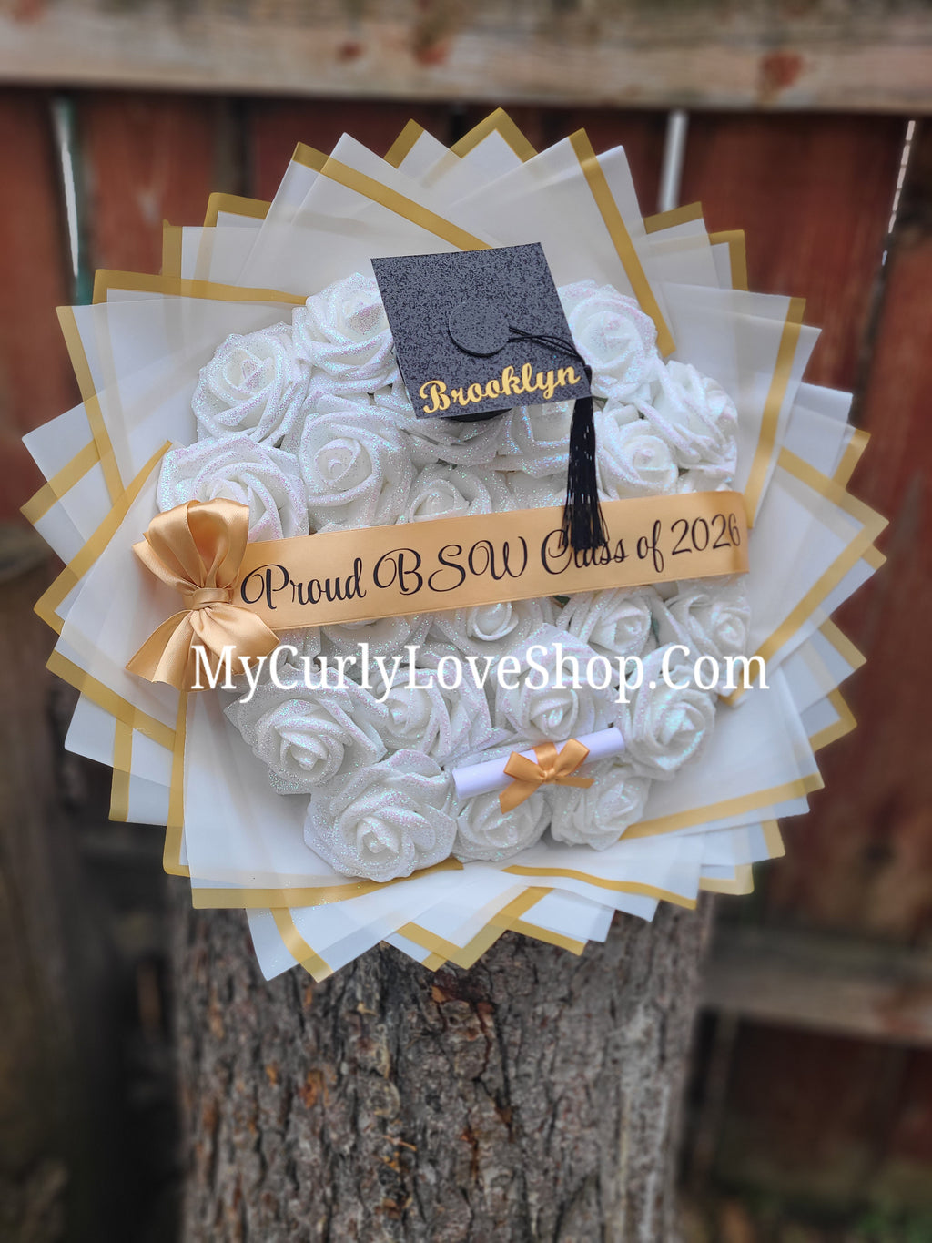 Graduation Glitter Roses Bouquet. Graduation Cap and Diploma Embellishment Included. Name on the Cap, Banner and Lights are additional.