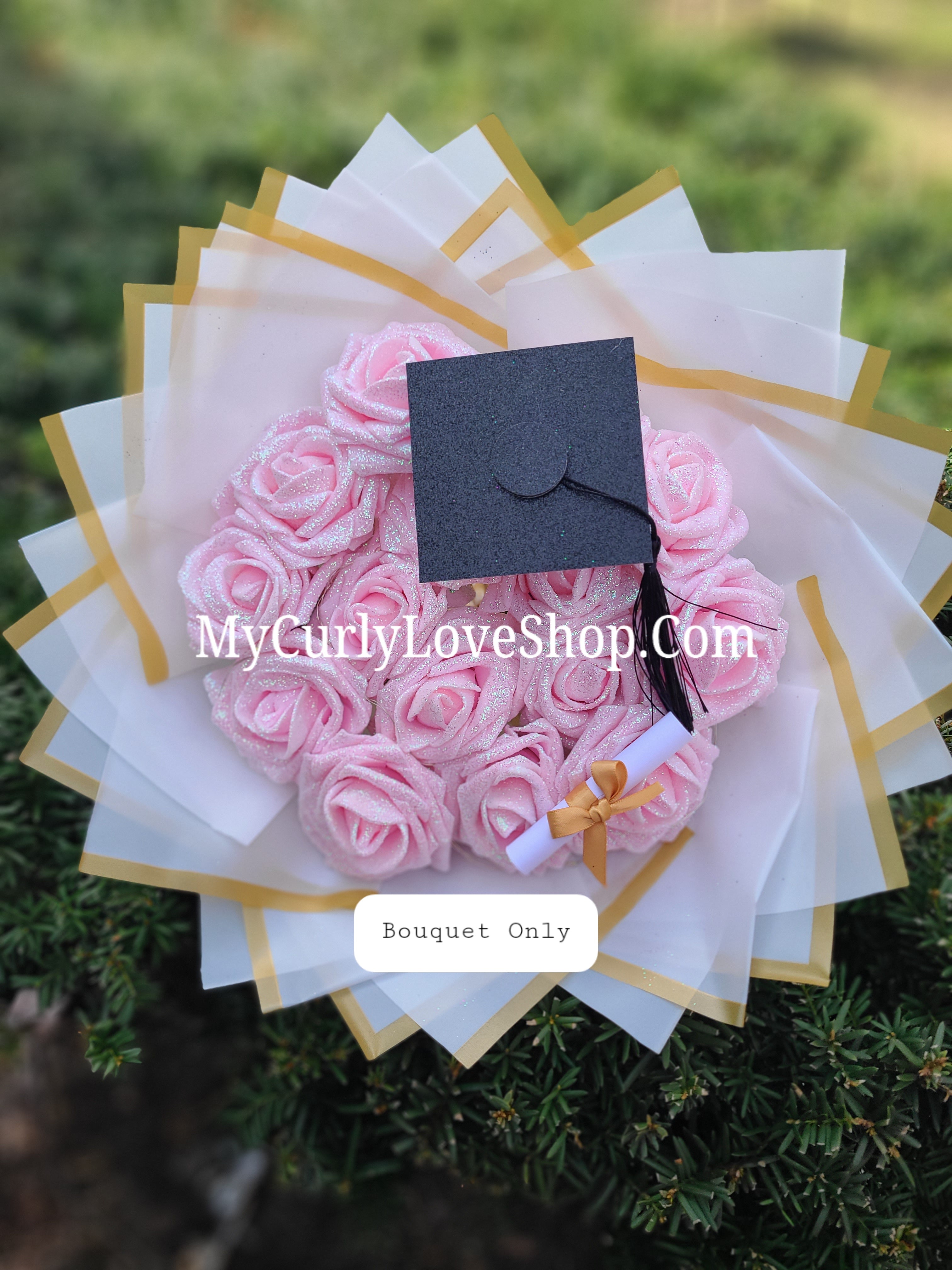 Graduation Glitter Roses Bouquet. Graduation Cap and Diploma Embellishment Included. Name on the Cap, Banner and Lights are additional.