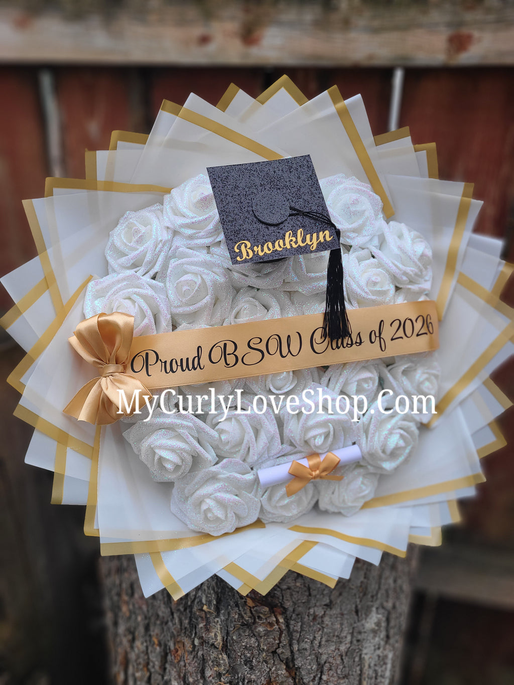 Graduation Glitter Roses Bouquet. Graduation Cap and Diploma Embellishment Included. Name on the Cap, Banner and Lights are additional.