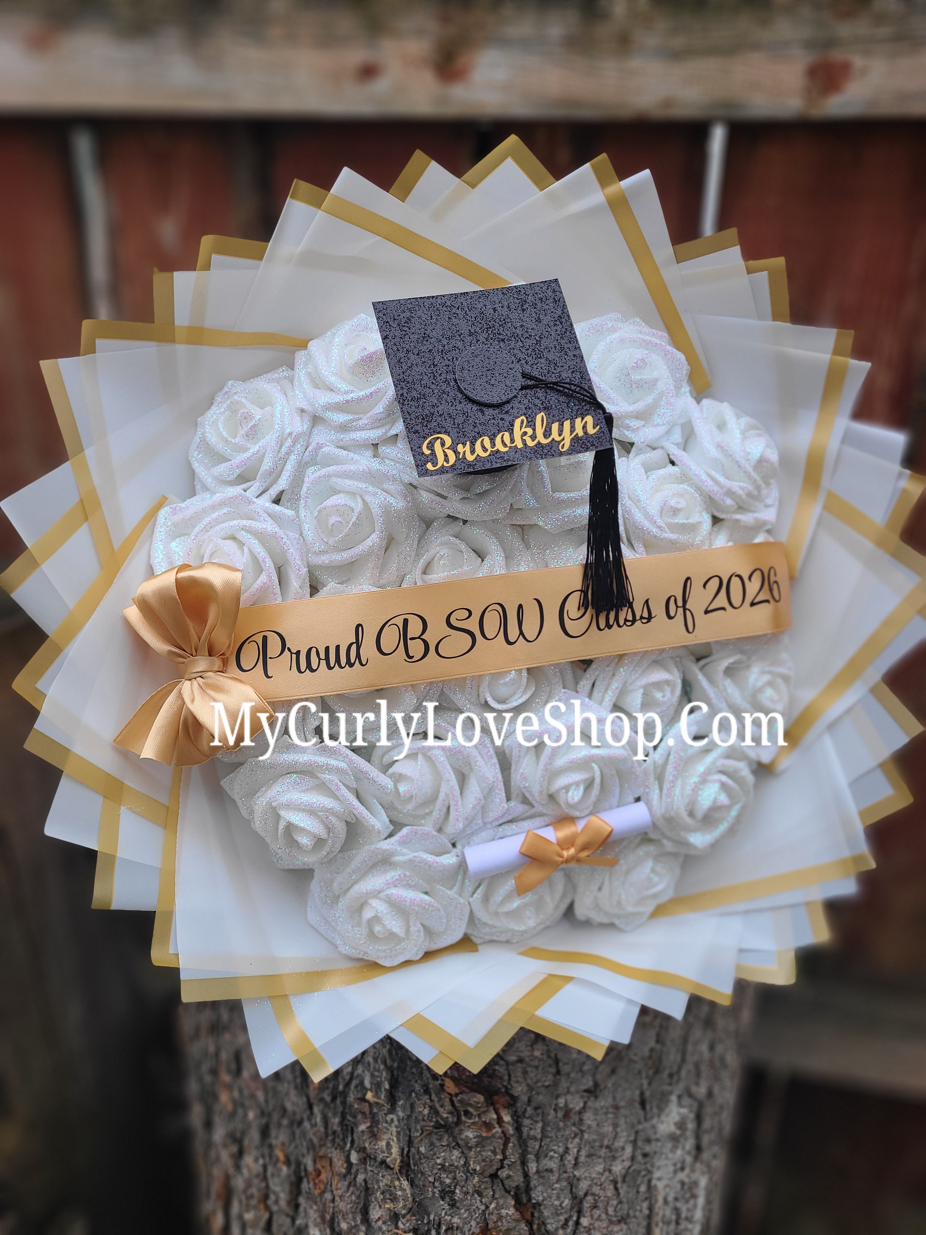 Graduation Glitter Roses Bouquet. Graduation Cap and Diploma Embellishment Included. Name on the Cap, Banner and Lights are additional.