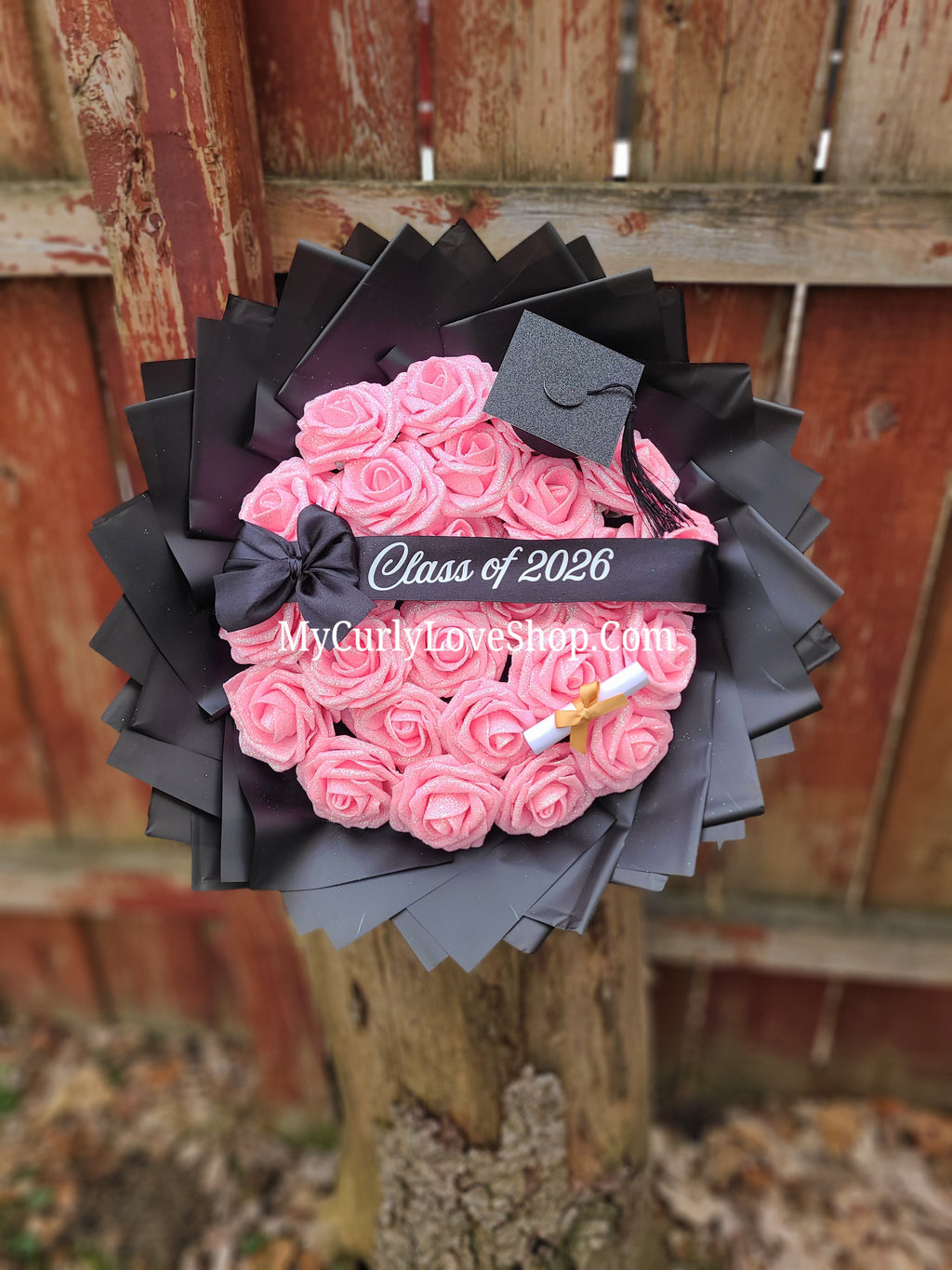Graduation Glitter Roses Bouquet. Graduation Cap and Diploma Embellishment Included. Banner and Lights are additional.